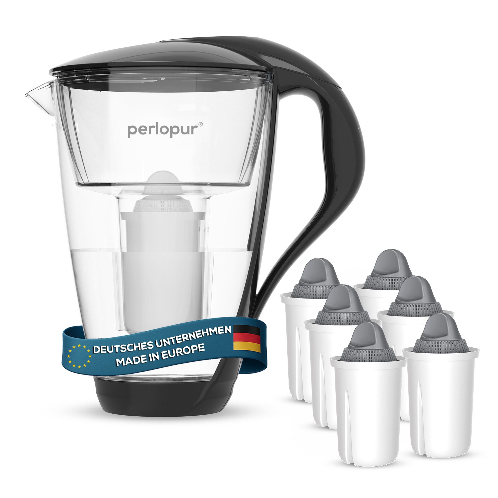 perlopur Wasserfilter Glas Wasserfilter Schwarz Inkl. 6 Protect Plus Filterkartuschen