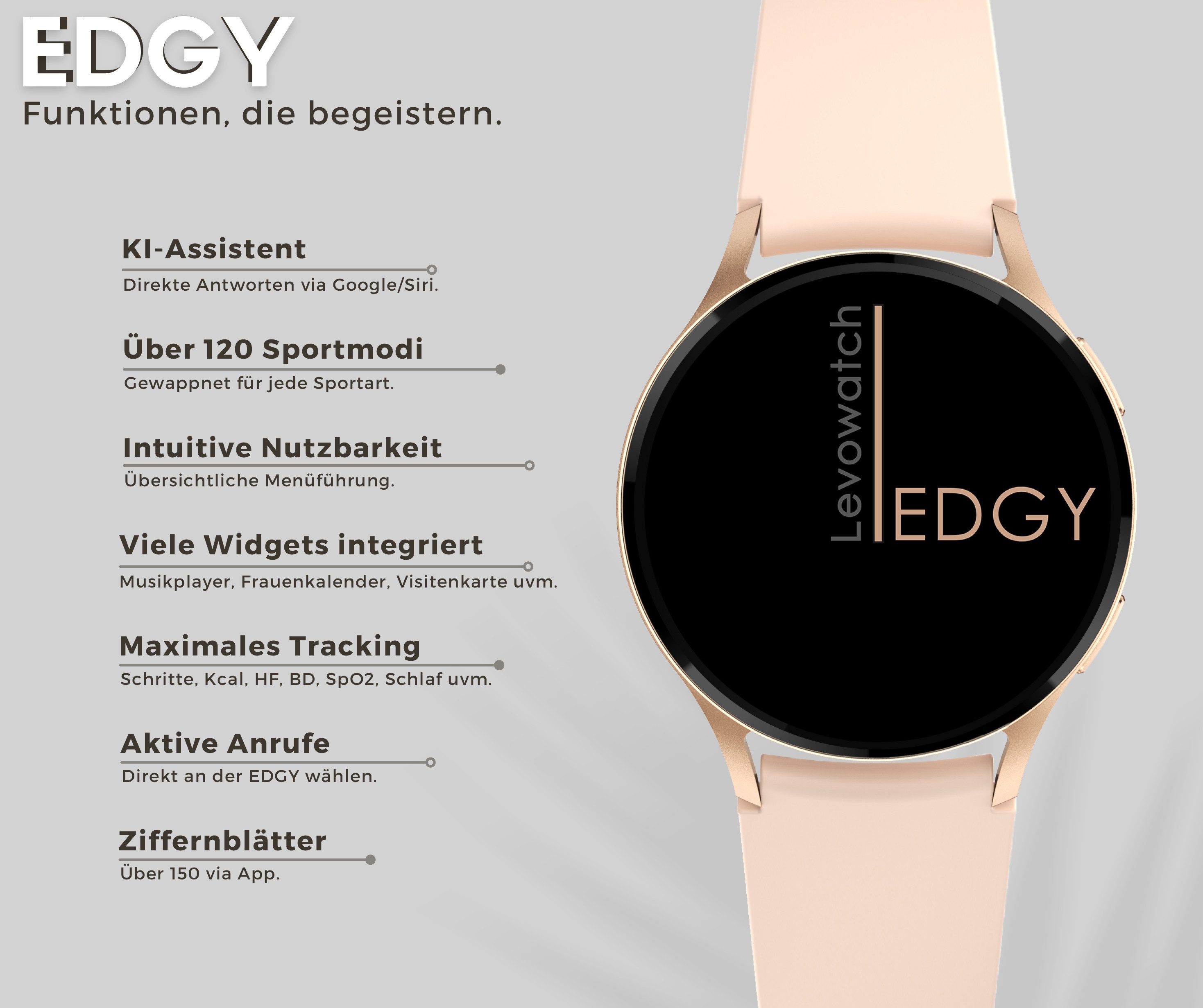 Levowatch EDGY Damen Smartwatch, AMOLED Always-On, KI Steuerung, Fitness Tracker Smartwatch (3,8 cm/1,43 Zoll, Android und iOS) inkl. Wechselarmband, 3 Armbänder, goldfarben, Edelstahlgehäuse, Telefonfunktion, Sprachsteuerung, Puls, Schlafüberwachung, wasserdicht, Blutdruck, Frauenmonitor, Anrufe, Musik, Markenqualität