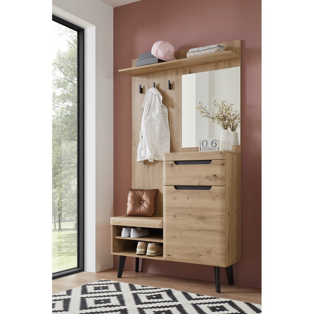 Lomadox Garderobenschrank TIROL-61 Garderobe in Eiche Artisan Nb. mit Spiegel und Sitzbank, 110/200/34 cm