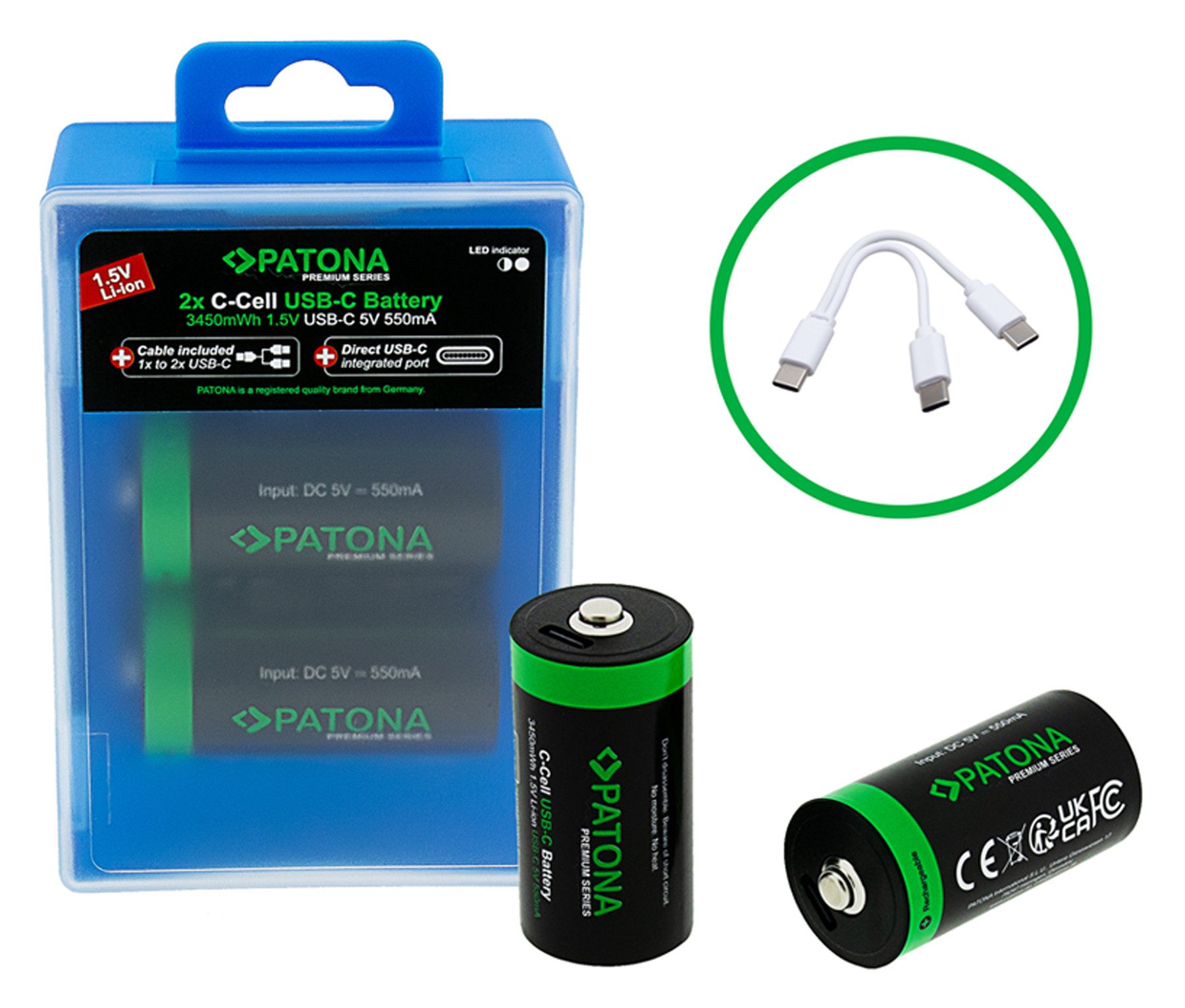 Patona 2 USB-C Батареи LR14 Baby C Akkus Lithium mit 3450mWh 1.5V Batterie, aufladbar mit 1 zu 2 USB-C Ladekabel (im Lieferumfang enthalten)