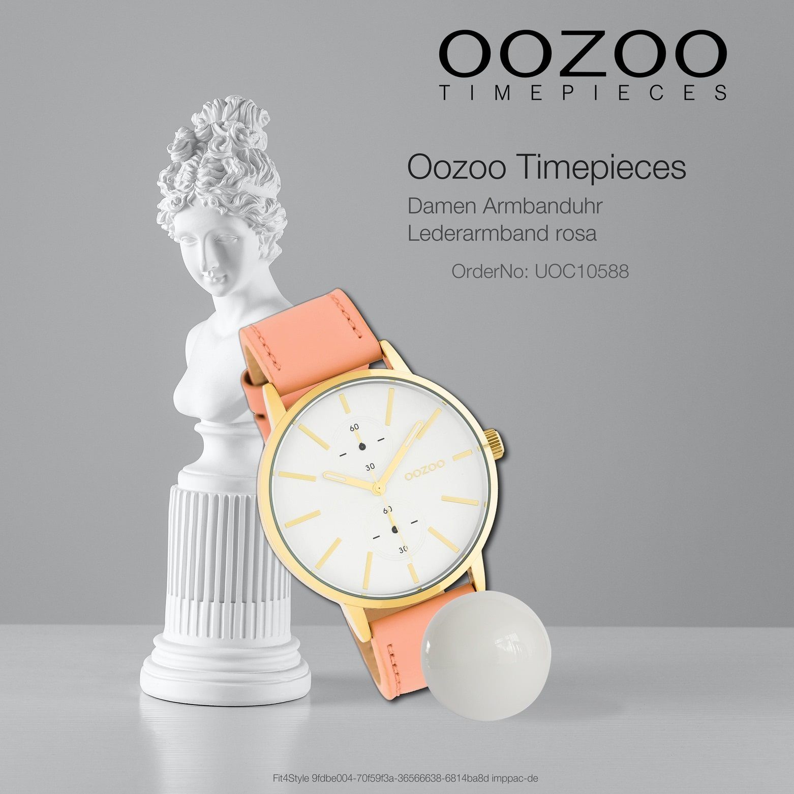 rosa 42mm) C10588, Damen Quarzuhr Fashion-Style Armbanduhr Damenuhr groß Analog (ca. Lederarmband, Oozoo rund, OOZOO