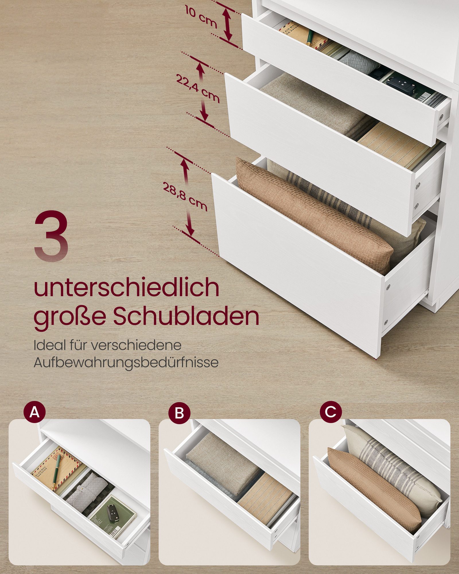 VASAGLE Bücherregal Hochschrank verstellbare Ablagen, Hochschrank, 3 Schubladen, verstellbare Ablagen – Bild 4 von 5