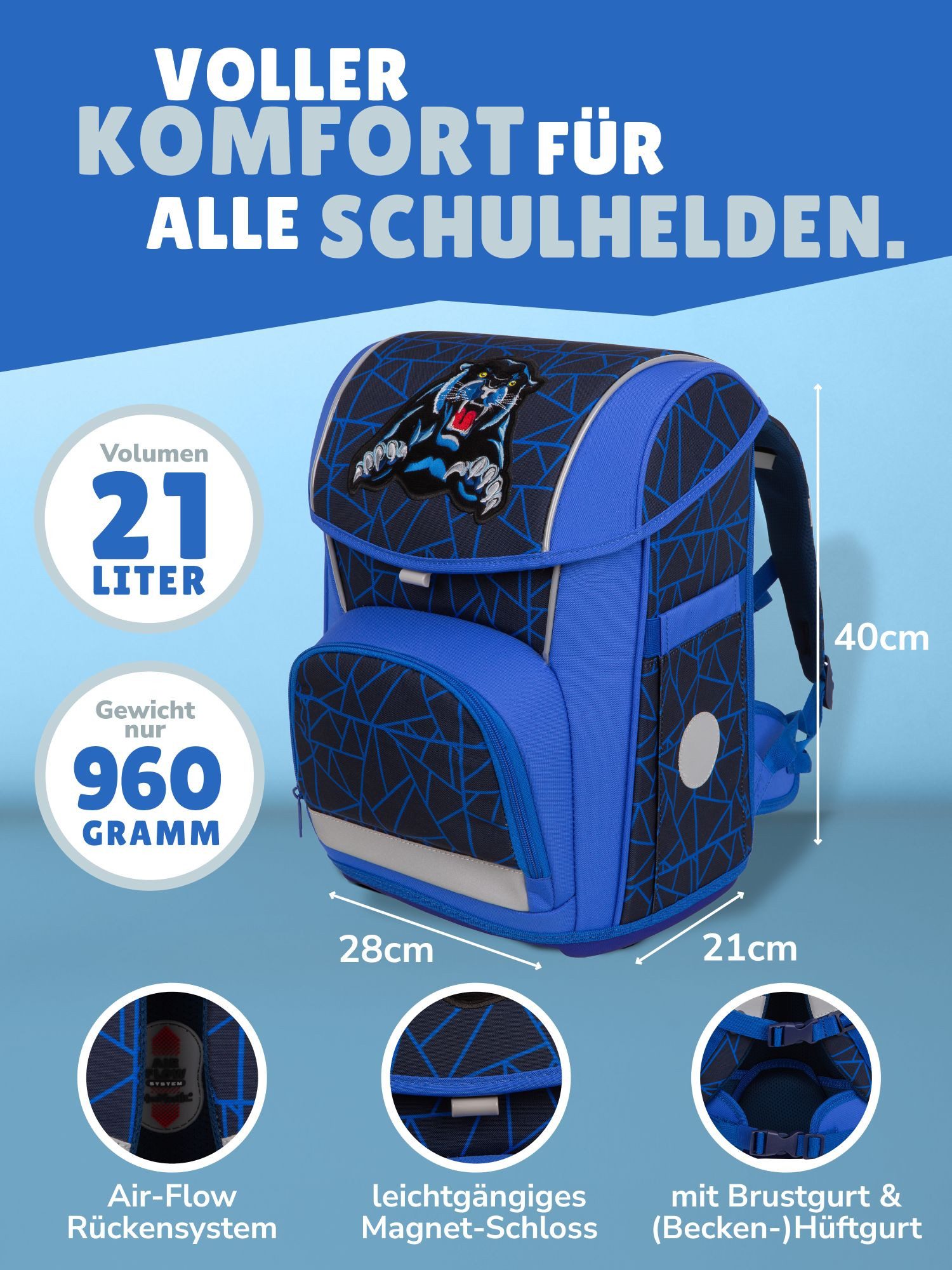 McNeill Schulranzen Wild Panther Schultasche Blau ab der 1. Klasse (Set, 7-tlg., inkl. Federmappe, Brotdose & Trinkflasche), 960 Gramm leicht, 21L Volumen, mit Brustgurt und Hüftgurt