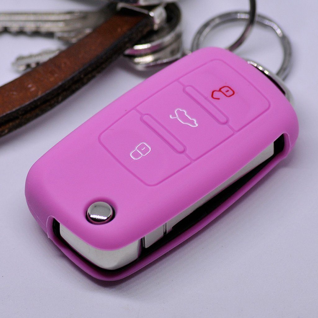 mt-key Schlüsseltasche Autoschlüssel Softcase Silikon Schutzhülle Rosa, für VW Seat Skoda ab 11/2009 3 Tasten Klappschlüssel