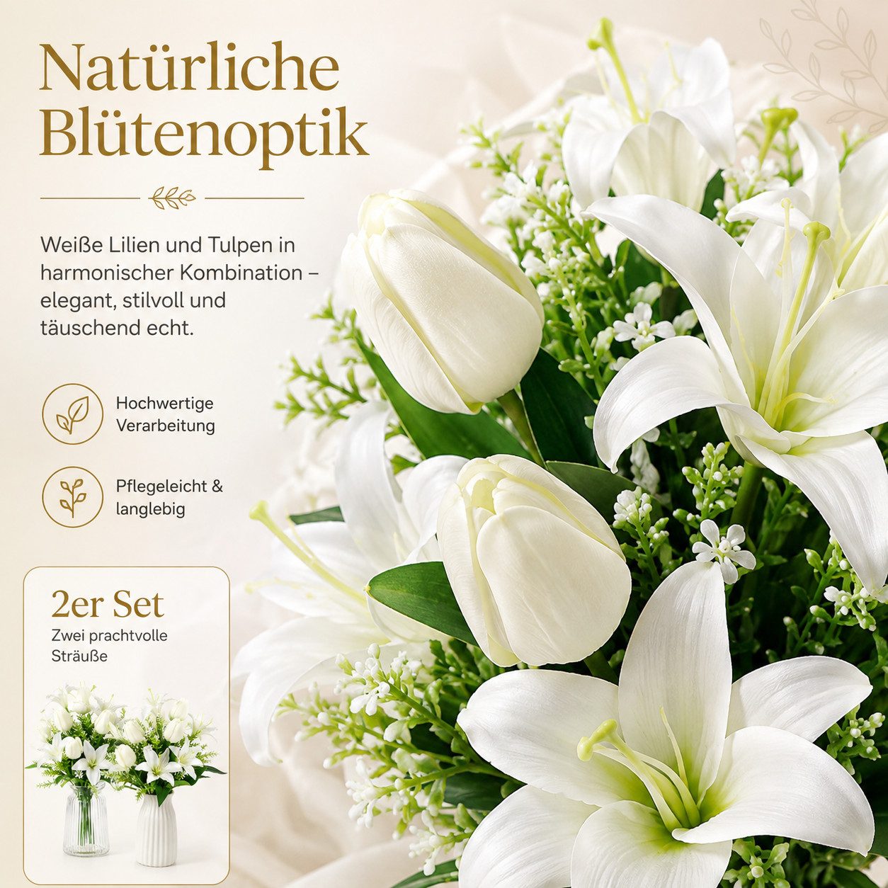 Kunstblumenstrauß Kunstblumen Strauß Weiß 2er Pack, Künstliche Lilien & Tulpen 45 cm Dekoblumen Blumenstrauß mit grünen Blättern, Fyrove, pflegeleichte Tischdek – Bild 2 von 5