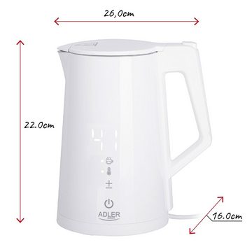 JUNG Wasserkocher ADLER AD1345W Wasserkocher mit Temperatureinstellung Digital kettle, 1,7 l, 2200,00 W, LED Touch Display Digital, 2200W, Edelstahl Kocher Cool Touch Kettle