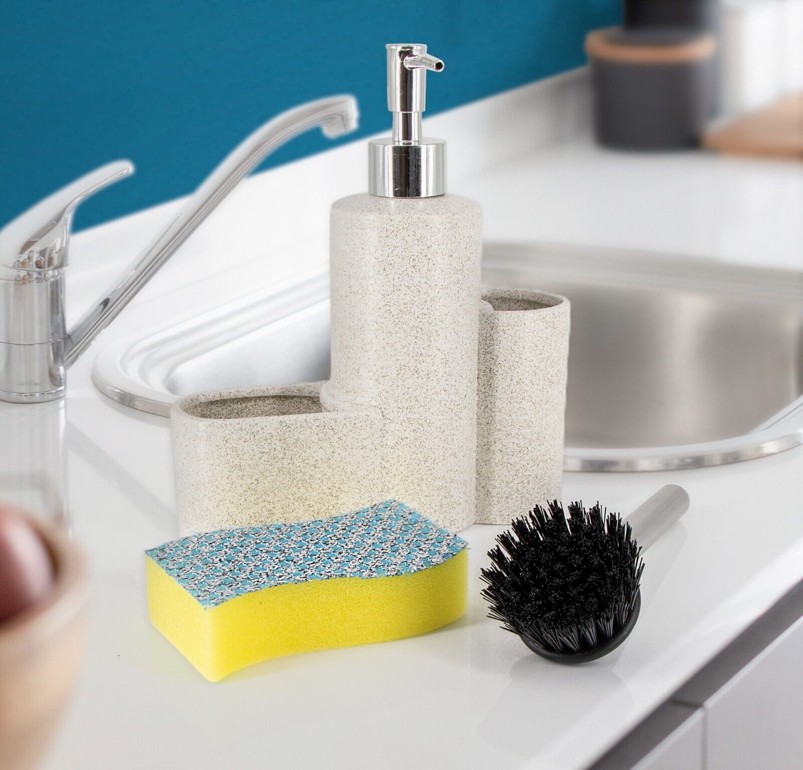 KVOTA Spülmittelspender Küchen-Organizer Set: Spender 200 ml mit Schwamm und Bürste., (3-teilig, Küchenorganizer)