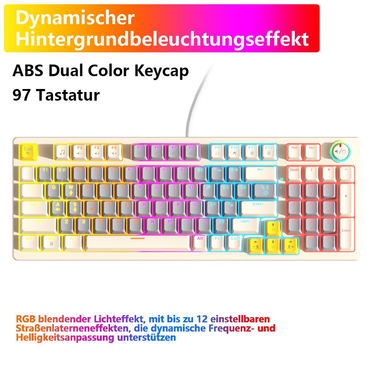 BUMHUM Nicht Echte deutsche Dreifarbige RGB-Gaming-Tastatur (Zweifarbige mit Gaming-Tastatur Tastatur,RGB-Beleuchtung Weiß und Kabe) Doppel- mechanische Tastatur