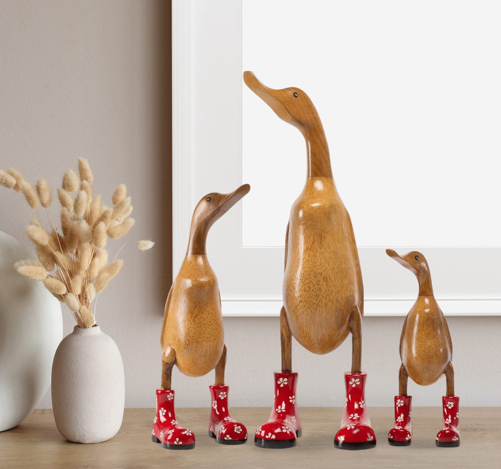 Rikmani Dekofigur Holzfigur Ente Stiefel - Handgefertigte Dekoration aus Holz Geschenk, 3 Holzarten