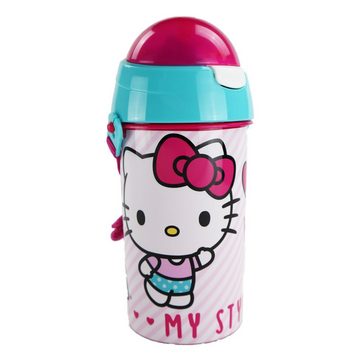 Hello Kitty Trinkflasche Hello Kitty Kinder Wasserflasche, Flasche mit integriertem Trinkhalm und Tragegurt 500 ml