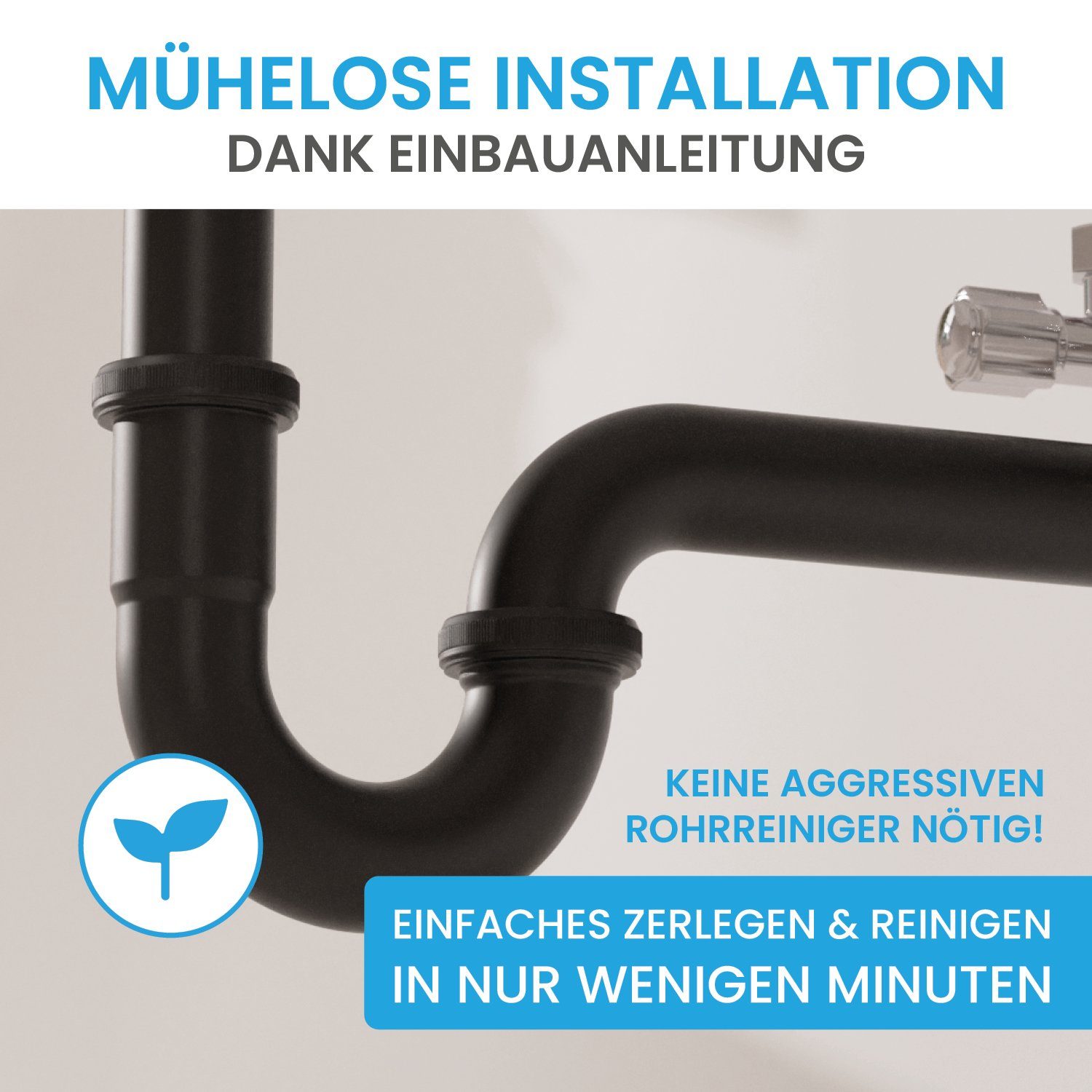 Bächlein Siphon Universaler Röhrensiphon, (flexibler Waschbeckenablauf, Matt Schwarz), Einfache Montage - Hochwertiger Chrom-Ablauf