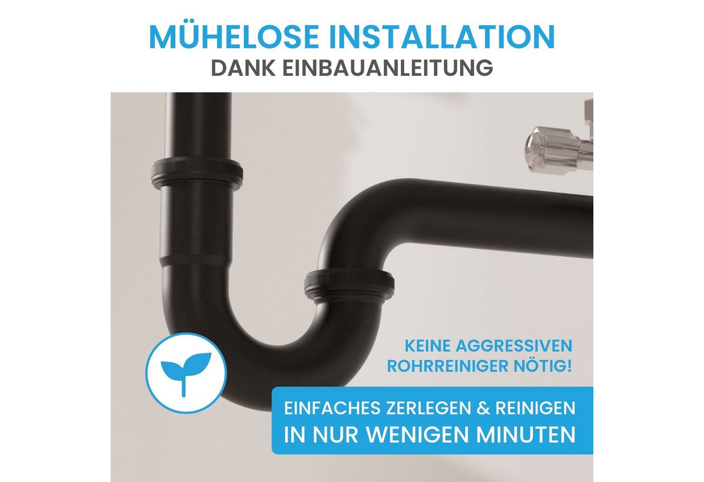 Thumbnail - Bächlein Siphon Universaler Röhrensiphon, (flexibler Waschbeckenablauf, Matt Schwarz), Einfache Montage - Hochwertiger C...