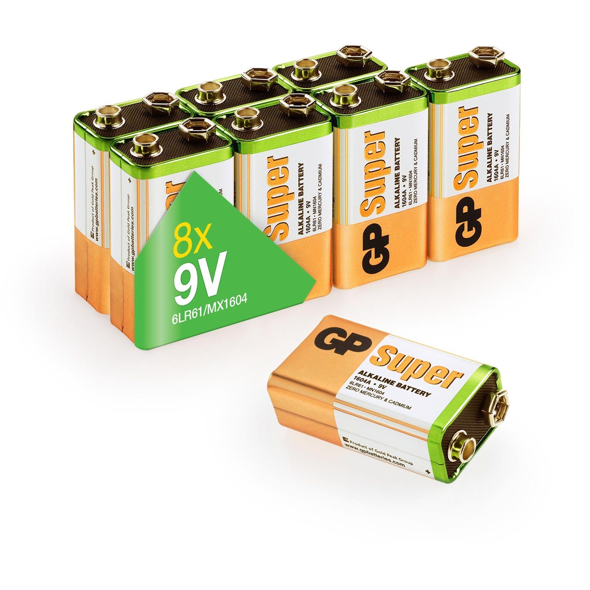 GP 8 Batterie, 9V 9V GP Super Stück V) (9,0 Batterie Batteries Alkaline
