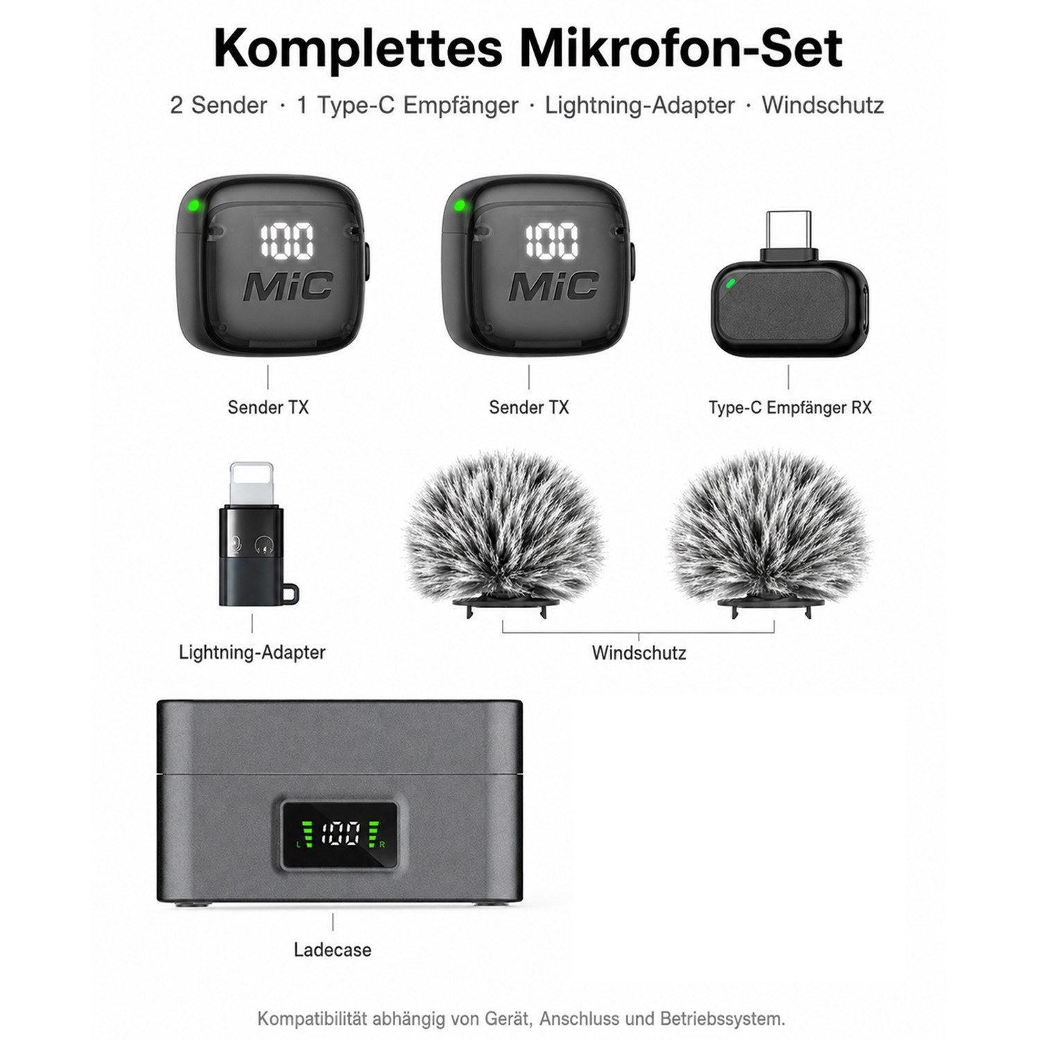 OYLCDI Mikrofon 2.4GHz Drahtloses Mikrofonsystem mit Noise Reduction,<20ms,Plug & Play (automatische Kopplung, Plug & Play, Low Latency, Lavalier Mikrofon, Mikrofon Handy für Live Streaming,YouTube,TikTok, Kabelloses Mikrofon für Aufnahmen, Rauschunterdrückung, No Bluetooth or App for Recording, Box mit Ladefunktion), BedienungsanleitungKurzanleitung, Mikrofon,TYPE-C-Kabel