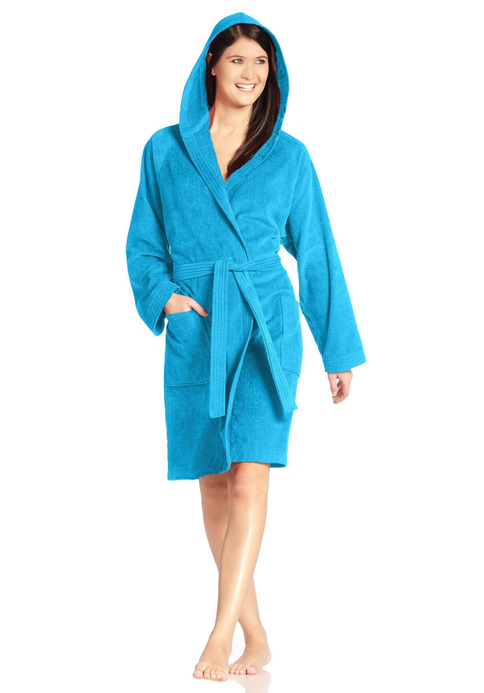 Vossen Unisex-Bademantel Texas, ideal für Sauna & Spa, Hotelbademantel, Morgenmantel, Kurzform, Webvelours, Kapuze, Gürtel, für Damen & Herren
