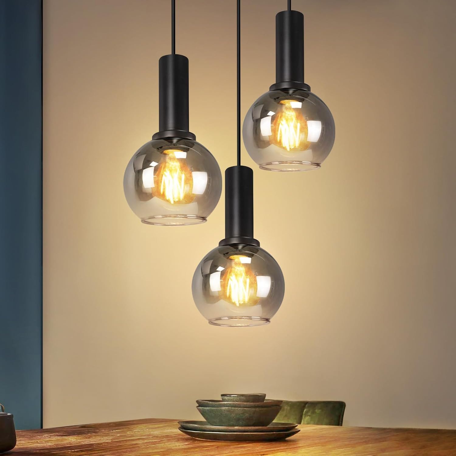 Nettlife Pendelleuchte Vintage Esstisch Glas Schwarz Industrial E27 Wohnzimmer, Höhenverstellbar, LED wechselbar, Esstischlampe für Wohnzimmer Küche
