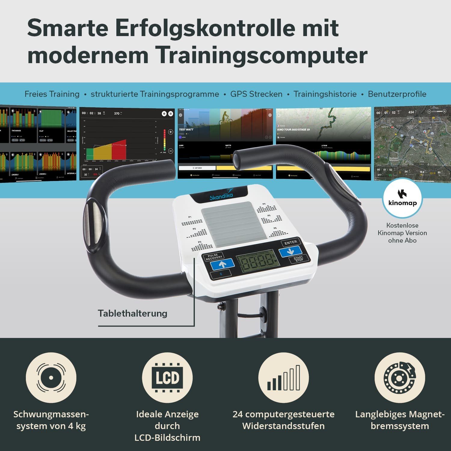 Skandika Heimtrainer Foldaway X-2000, Fitnessbike, klappbar, mit Rückenlehne (Schwungrad 4 kg, Transportrollen, Trinkflaschenhalter, Lehne faltbar), Bluetooth, Tablethalterung, 16-stufiger computergesteuerter Widerstand