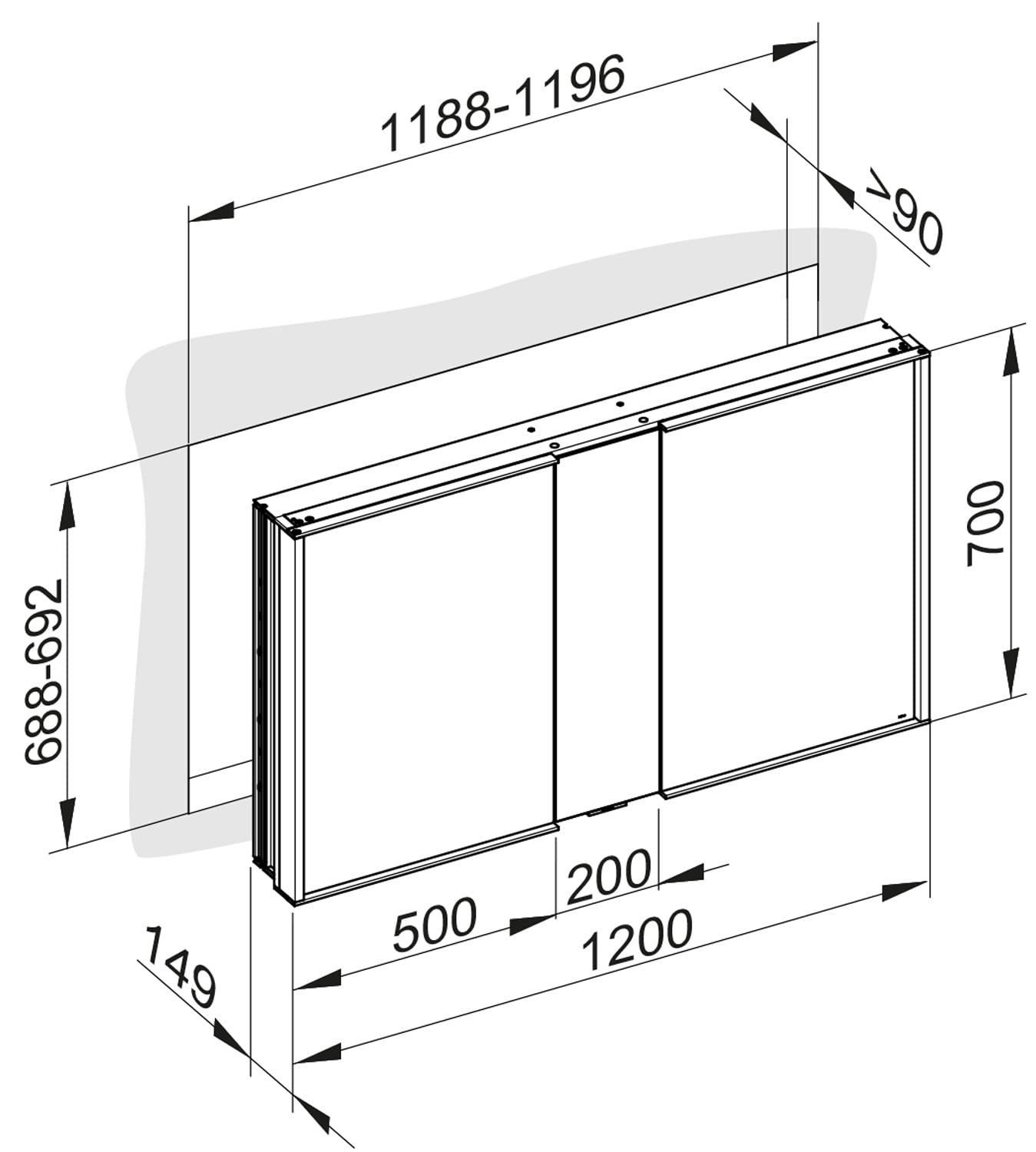 Keuco Spiegelschrank Royal Match (Badezimmerspiegelschrank mit Beleuchtung LED) Unterputz, LED-Beleuchtung, Aluminium-Korpus, 2 Türen, 120x70x14,9cm