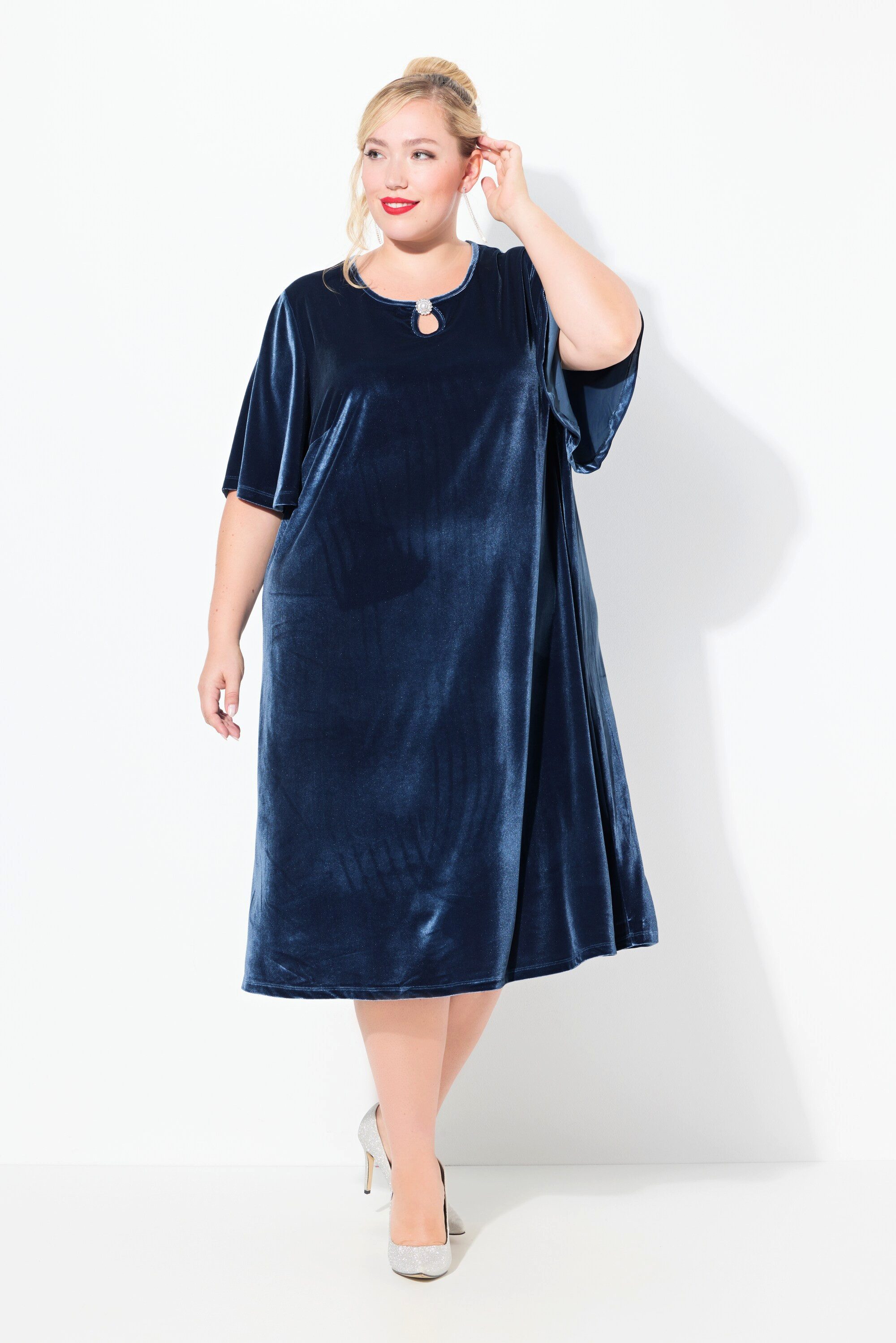 Ulla Popken Abendkleid Samtkleid A-Linie Keyhole Rundhals Halbarm