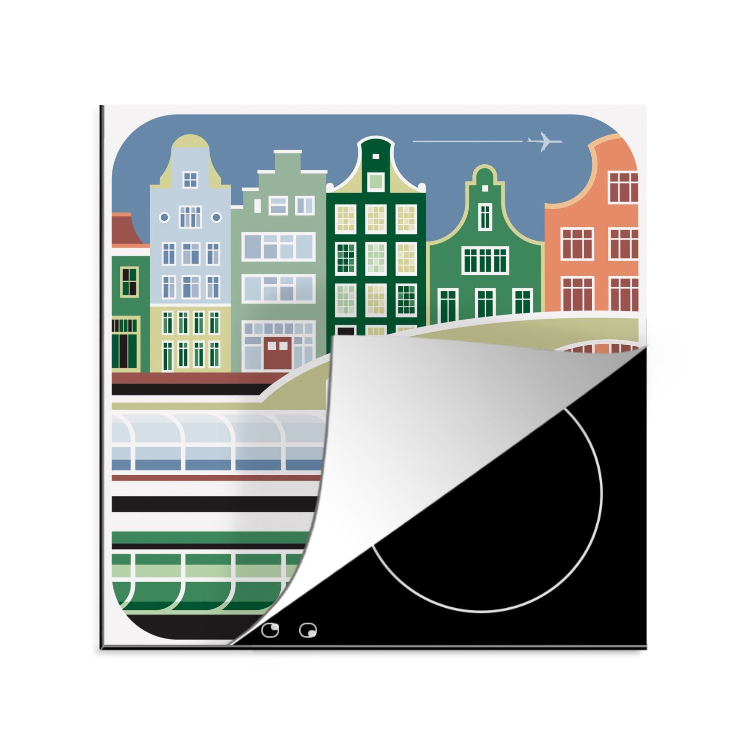 MuchoWow Herdblende-/Abdeckplatte Illustration von Amsterdam mit grünen Schattierungen, Vinyl, (1 tlg), 78x78 cm, Ceranfeldabdeckung, Arbeitsplatte für küche