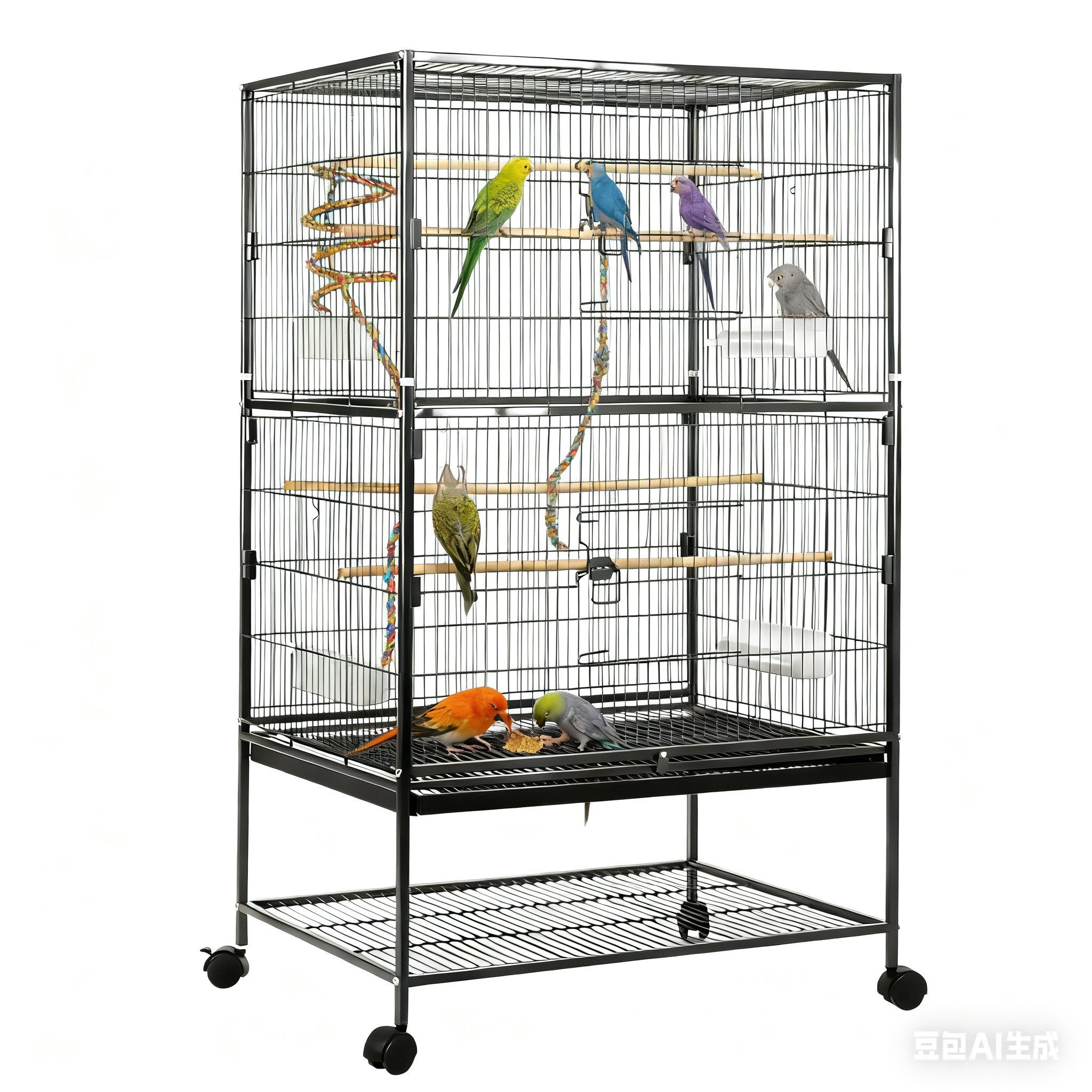 TLGREEN Vogelkäfig, Vogelvoliere groß, 132 x 78 x 52 cm, Vogelbauer mit Rollen, Futternapf, Käfigspielzeug