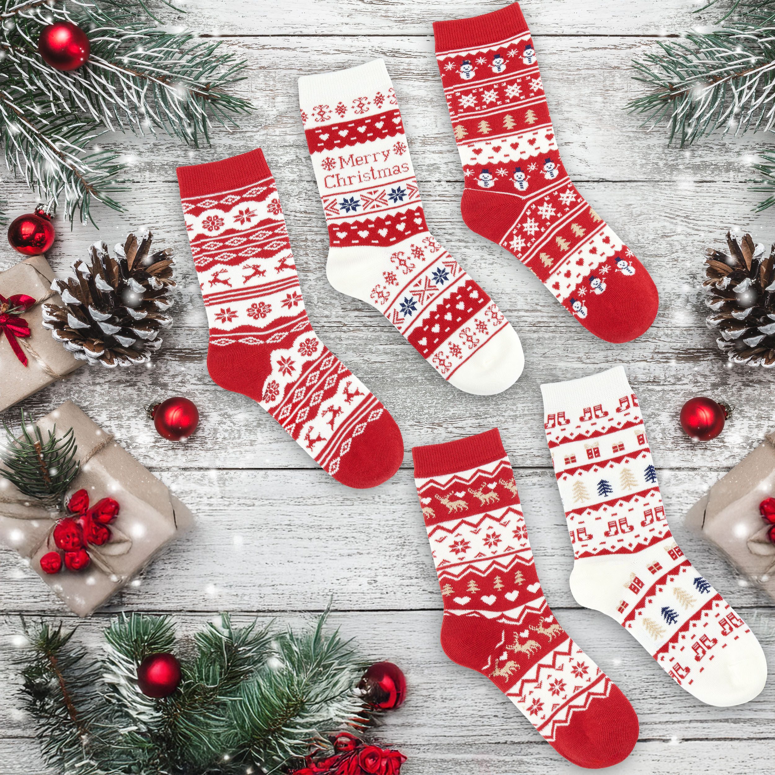 BRUBAKER Socken Weihnachtssocken mit Norweger Muster - Winter Socken aus Baumwolle (Größe 36-41, 5-Paar, Geschenk Set für Frauen & Mädchen) Damen Sockenset für Weihnachten und Nikolaus Rot & Weiß