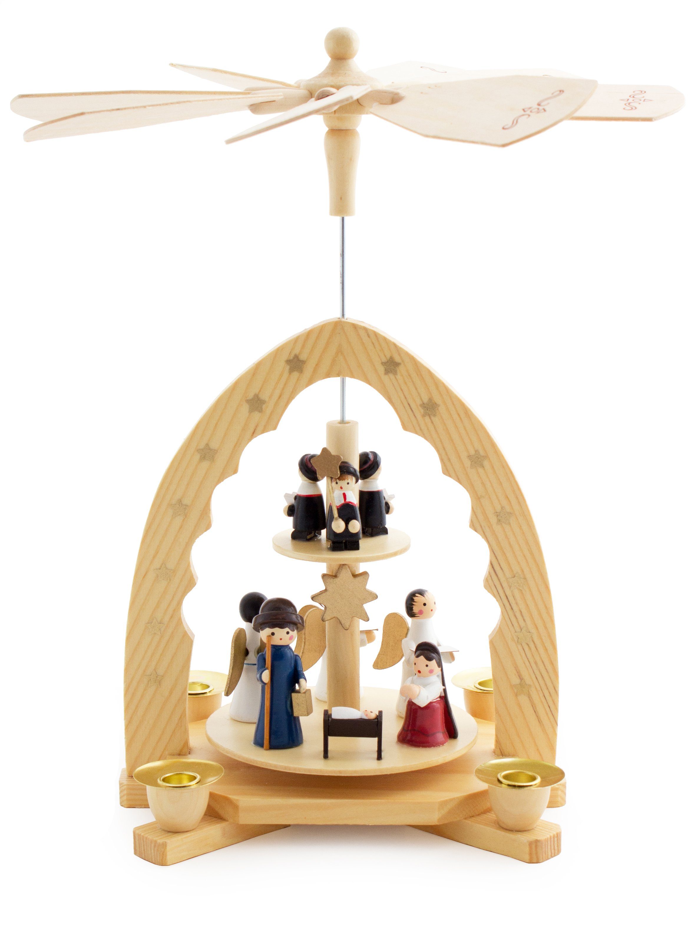 Weihnachtspyramide Holzpyramide Krippenszene und Sternsinger, handbemalte Figuren