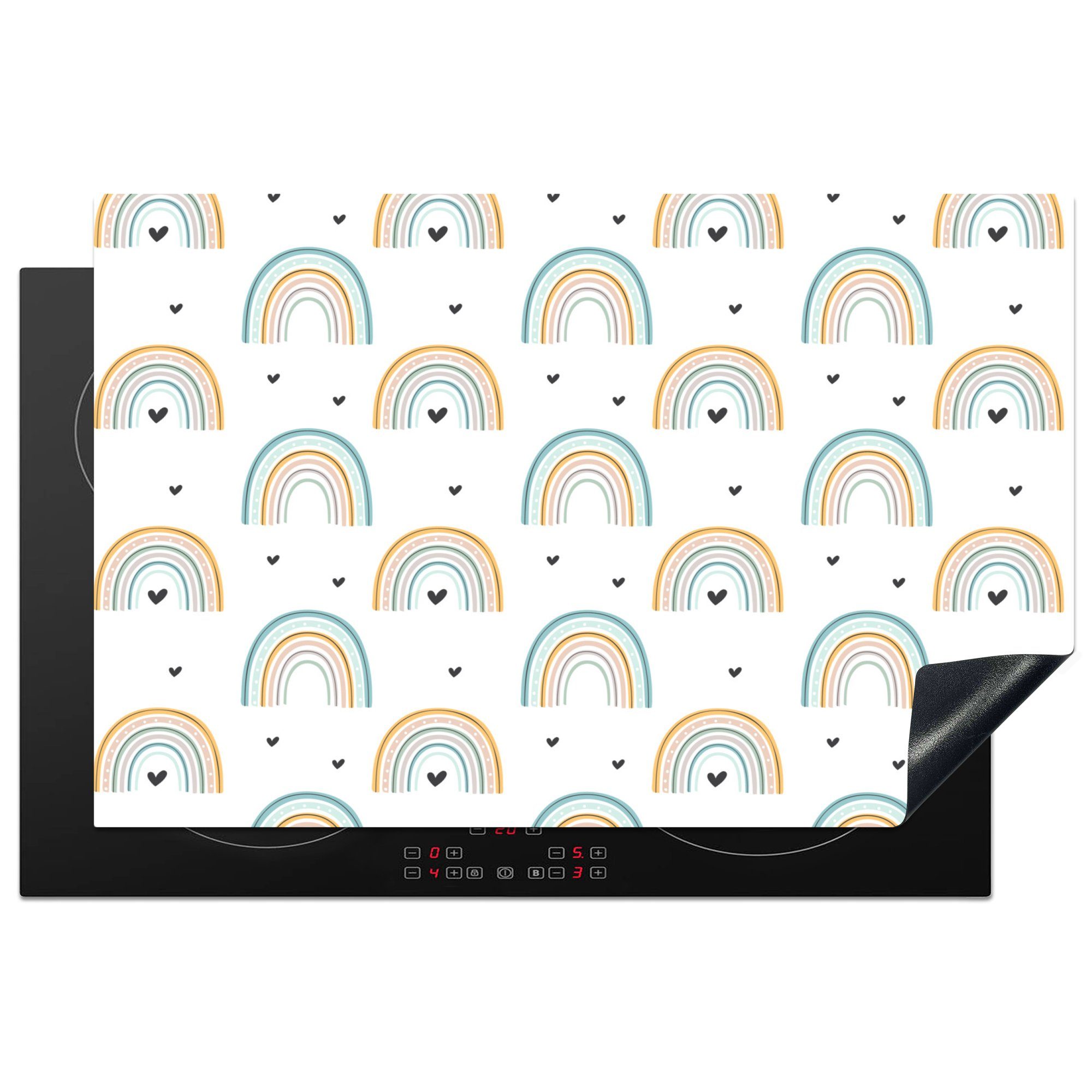 MuchoWow Herdblende-/Abdeckplatte Kind Illustration mit einem Muster von Regenbögen und Herzen auf einem, Vinyl, (1 tlg), 81x52 cm, Induktionskochfeld Schutz für die küche, Ceranfeldabdeckung