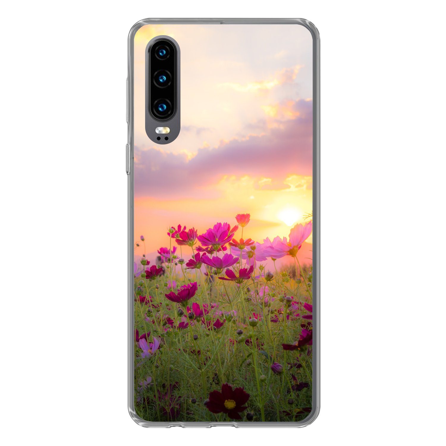 MuchoWow Handyhülle für Huawei P30 Sonnenuntergang - Blumen - Rosa - Natur - Grün, Handy Case, Silikon, Bumper Case Dünn