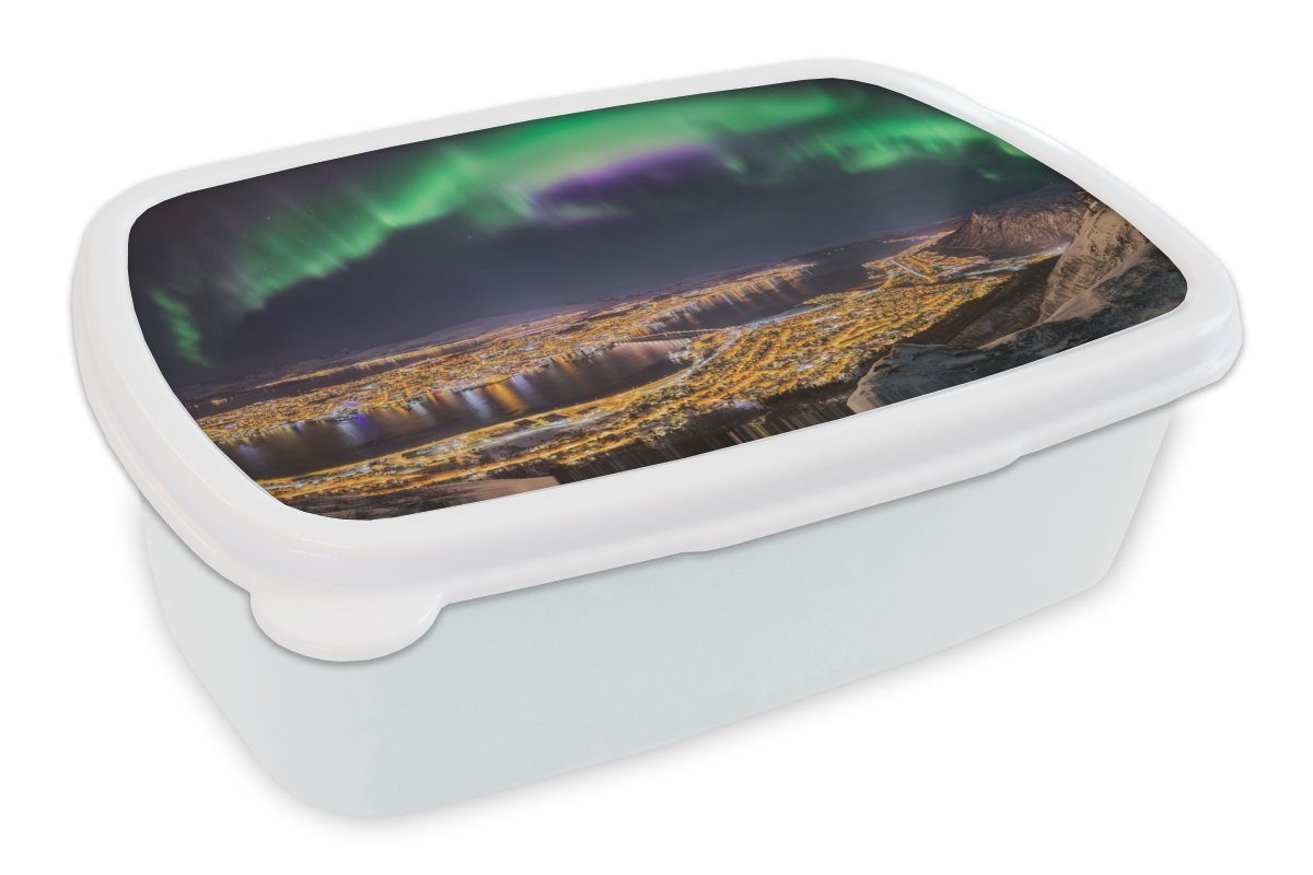 MuchoWow Lunchbox Nordlichter - Grün - Lila - Norwegen, Kunststoff, (2-tlg), Brotbox für Kinder und Erwachsene, Brotdose, für Jungs und Mädchen weiß | Lunchboxen