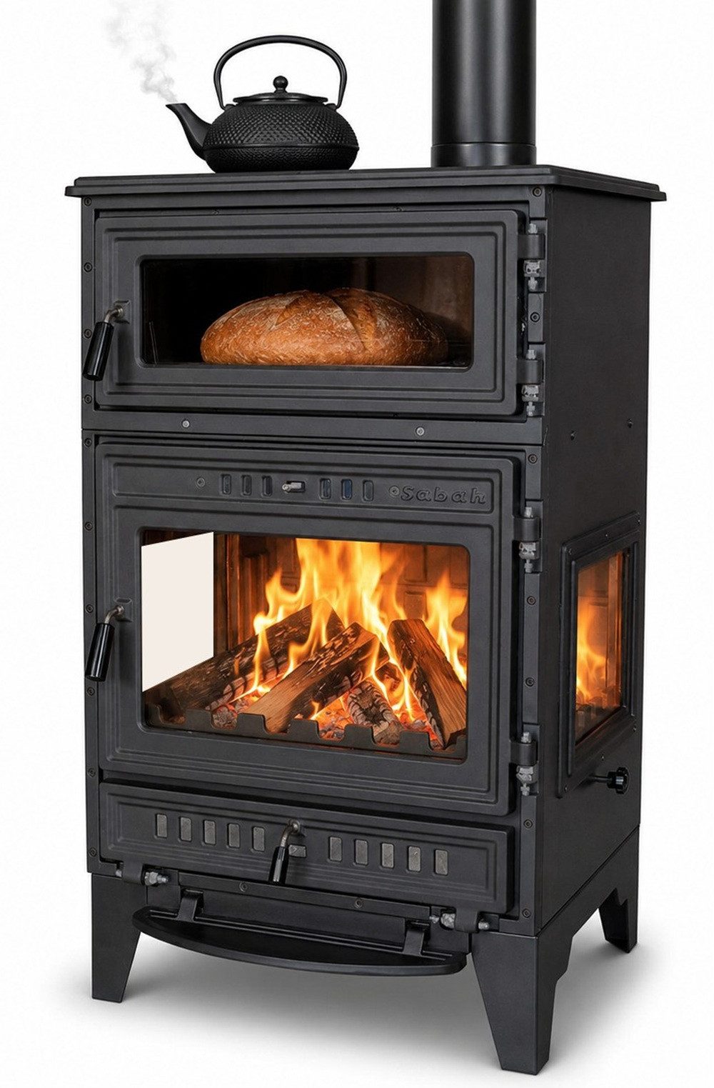 SABAH Kaminofen Panorama-Kaminofen mit Backfach und Herdplatte Modell S107-3D, 15,9 kW
