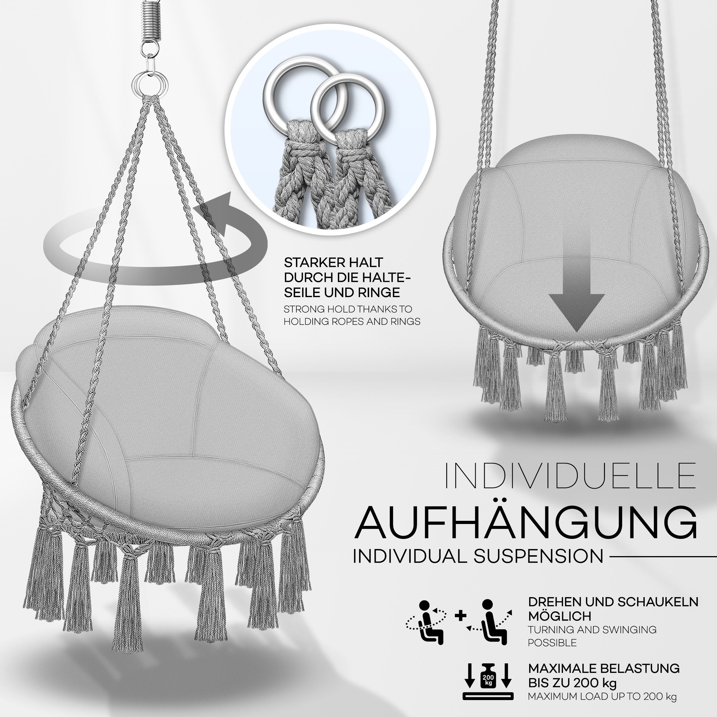 tillvex Hängesessel tillvex® Hängesessel Hängestuhl Hängeschaukel Hängekorb Hängesitz (Set, Hängesessel, Kissen, 4 Seile mit 2 Stahlringen), Kissen – Bild 3 von 5