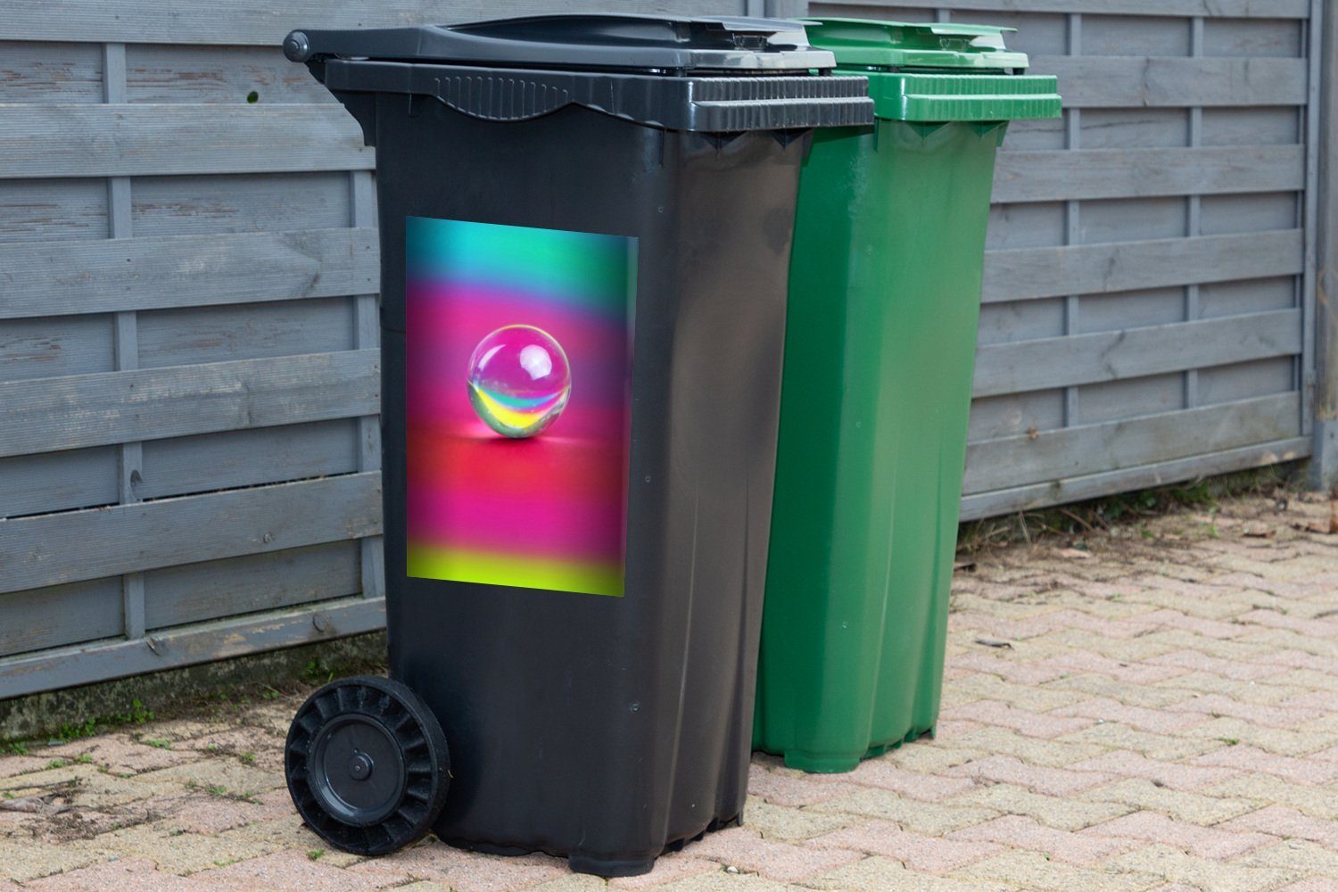 Luftblase Sticker, Mülleimer-aufkleber, Regenbogen-Hintergrund MuchoWow Wandsticker Abfalbehälter (1 auf Container, Mülltonne, St),