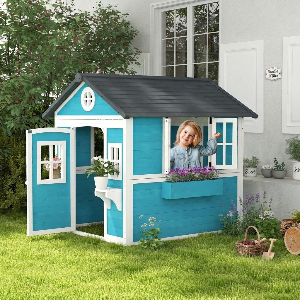 kowdom Spielhaus Gartenspielhaus Holz Outdoor blau mit Blumentöpfen für Kinder 3-8, Mit Blumenkästen, Mit Fenstern, Outdoor geeignet