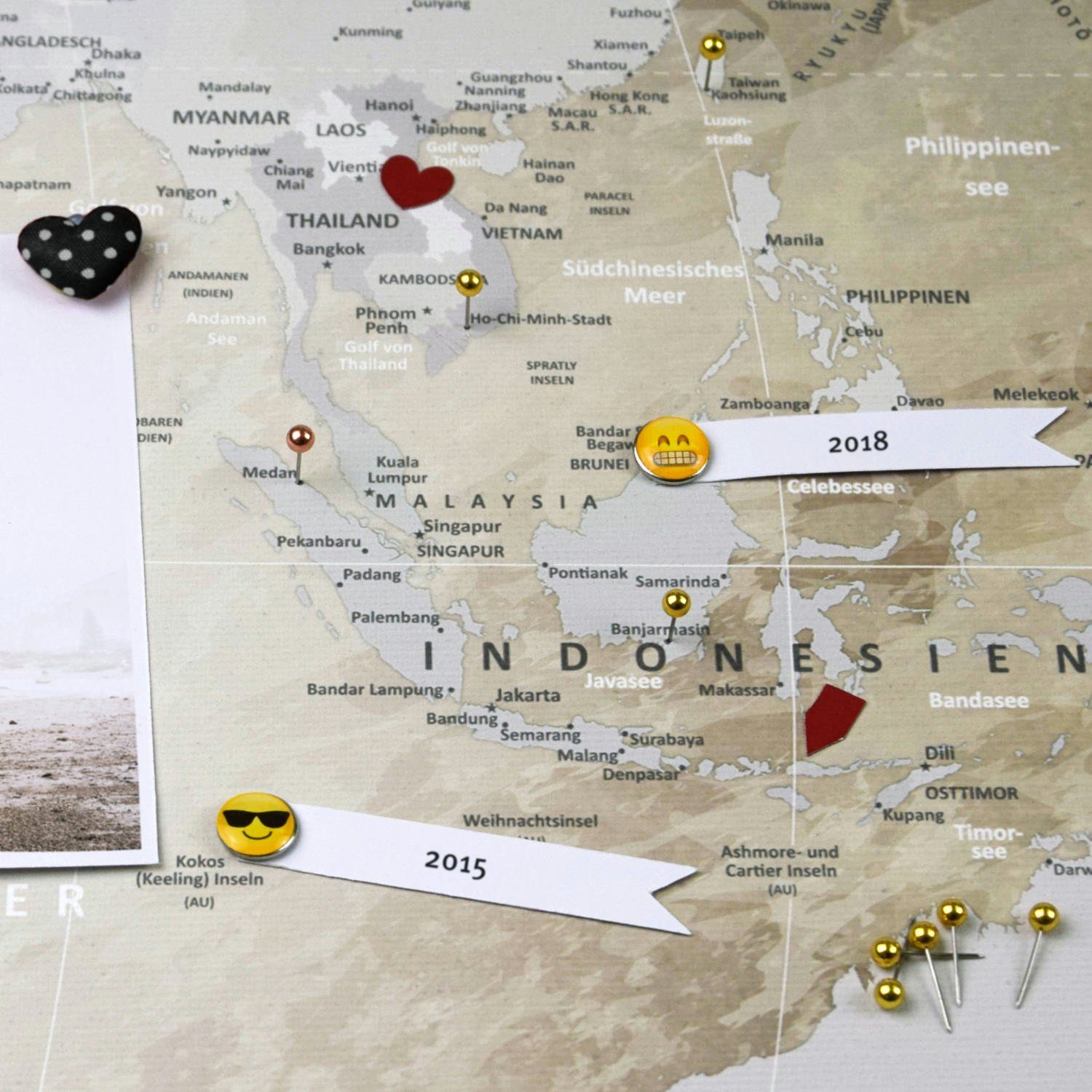 LANA KK Reisezielen, deutsche von markieren Weltkarte zum Beschriftung Leinwandbild Pinnwand Beige