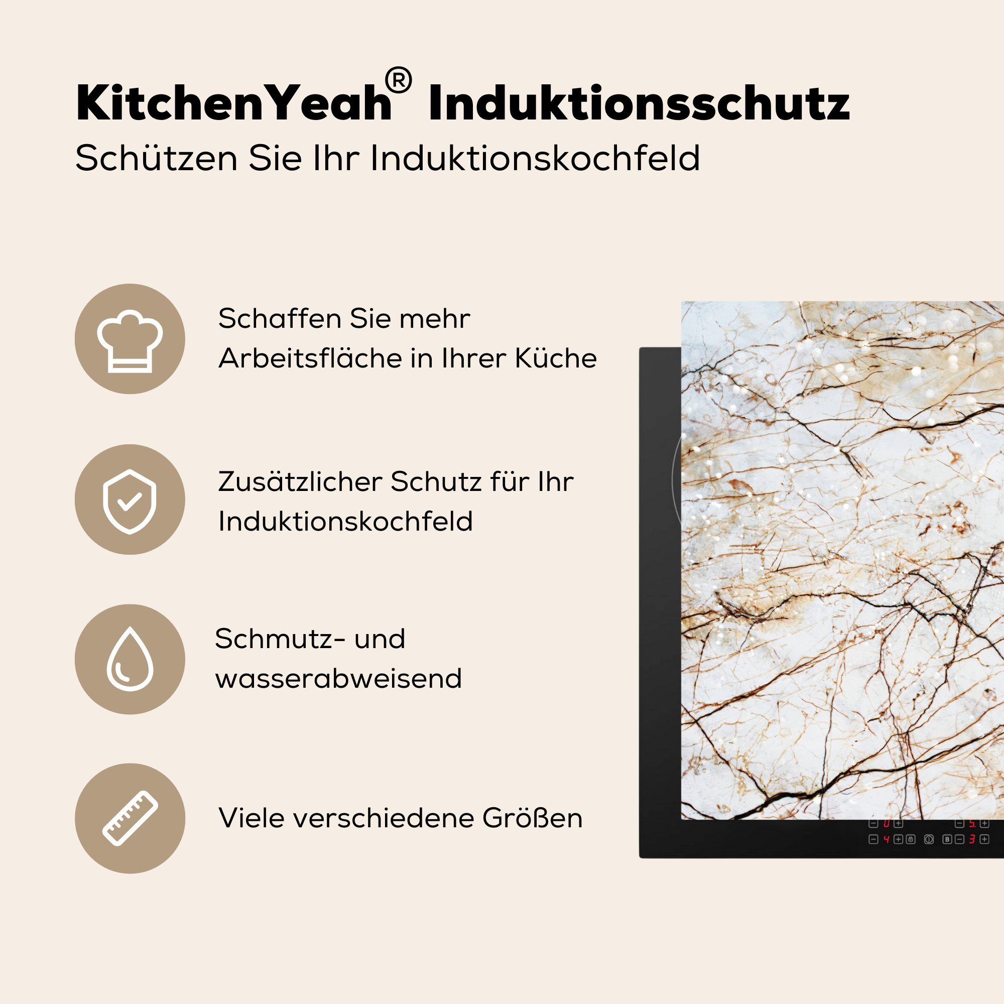 Braun, Herdblende-/Abdeckplatte Ceranfeldabdeckung, (1 küche für - cm, Weiß - tlg), Vinyl, Marmor MuchoWow Arbeitsplatte 78x78