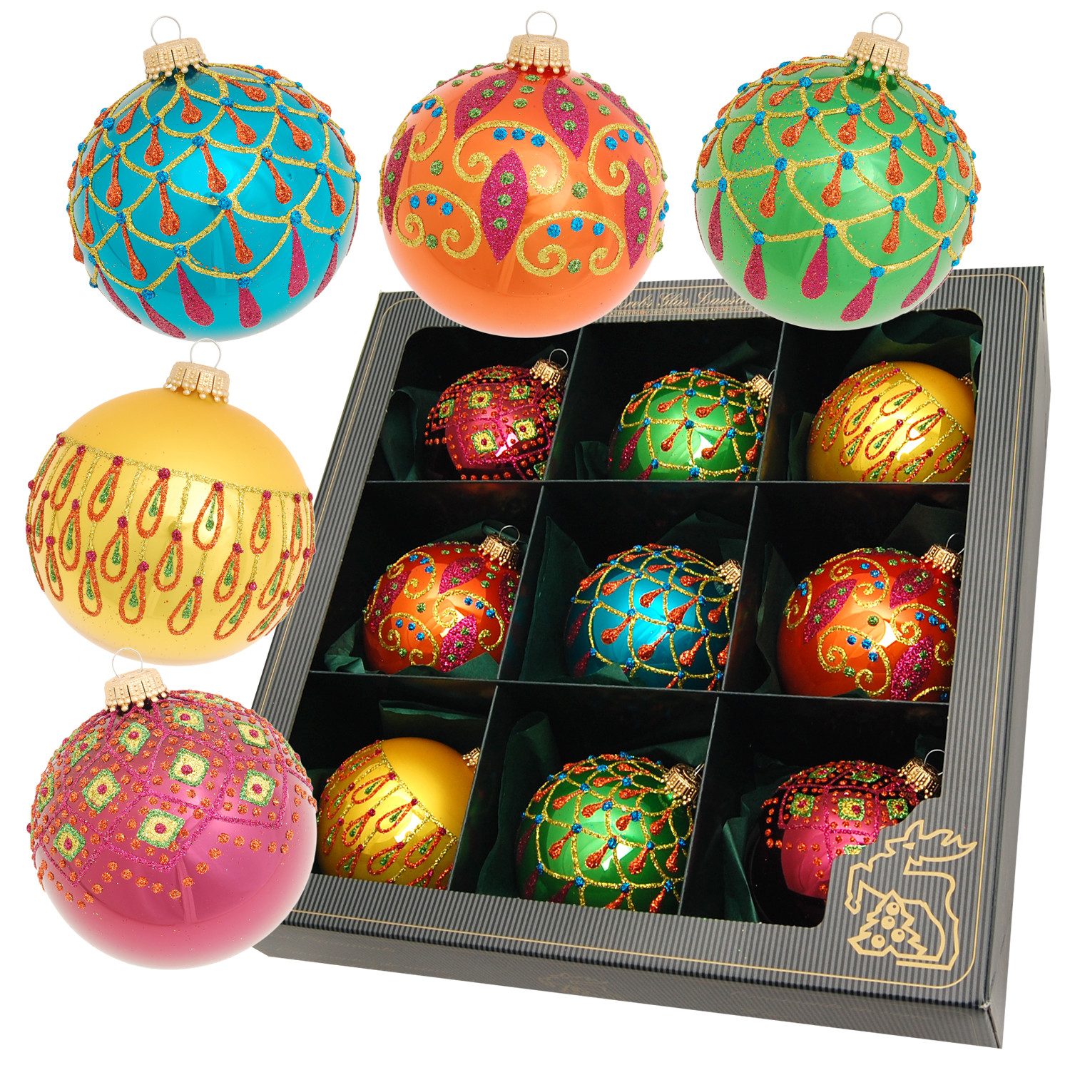 Krebs Glas Lauscha Weihnachtsbaumkugel 9er Set - Grün/Blau/Rot/Safran - ca. günstig online kaufen
