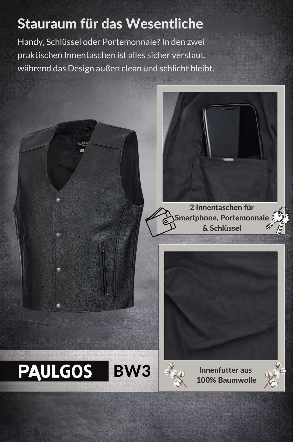 PAULGOS Motorradweste Lederweste Biker Kutte Clubweste Chopper Weste 100% Echtleder - BW3