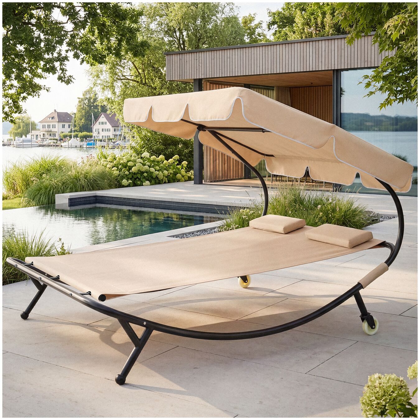 tectake Gartenliege Sonnenliege, widerstandsfähig und UV-beständig, 215 x 183 x 150 cm, Balkonliege Livorno für 2 Personen, 1 St., für Außen in Schwarz/Beige, stufenlos verstellbares Sonnendach, 2 Transportrollen, 2 Kopfpolster