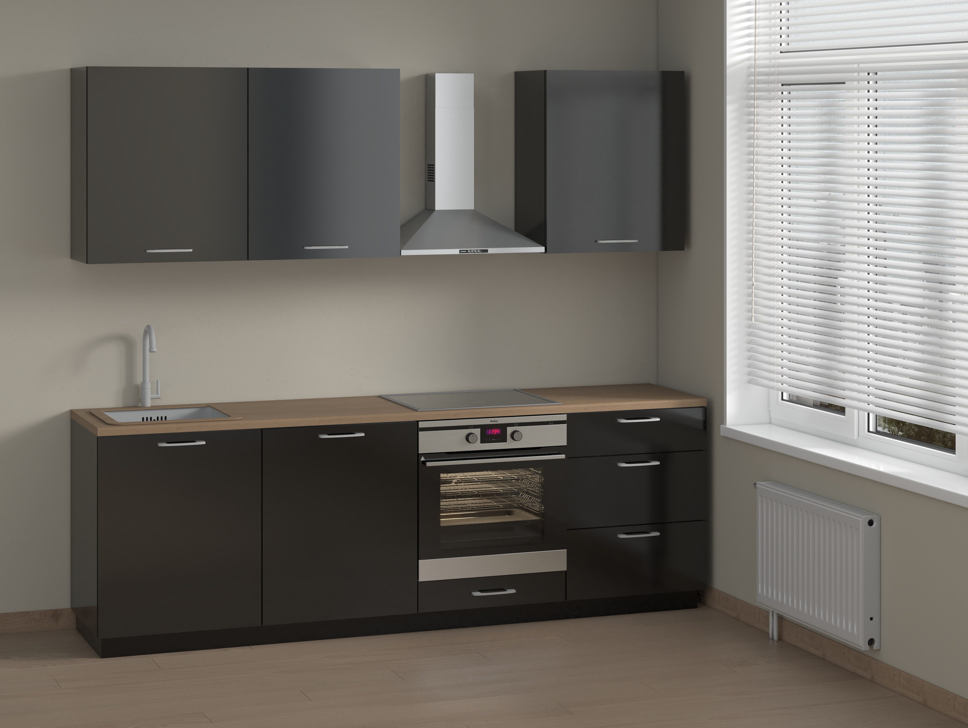 OMILI Küchenzeile ODION (Breite 240cm), (Neues Modell 2026), Fronten19 mm Acryl,SOFTCLOSE,Einfache Selbstmontage,SIND ERWEITERBAR!