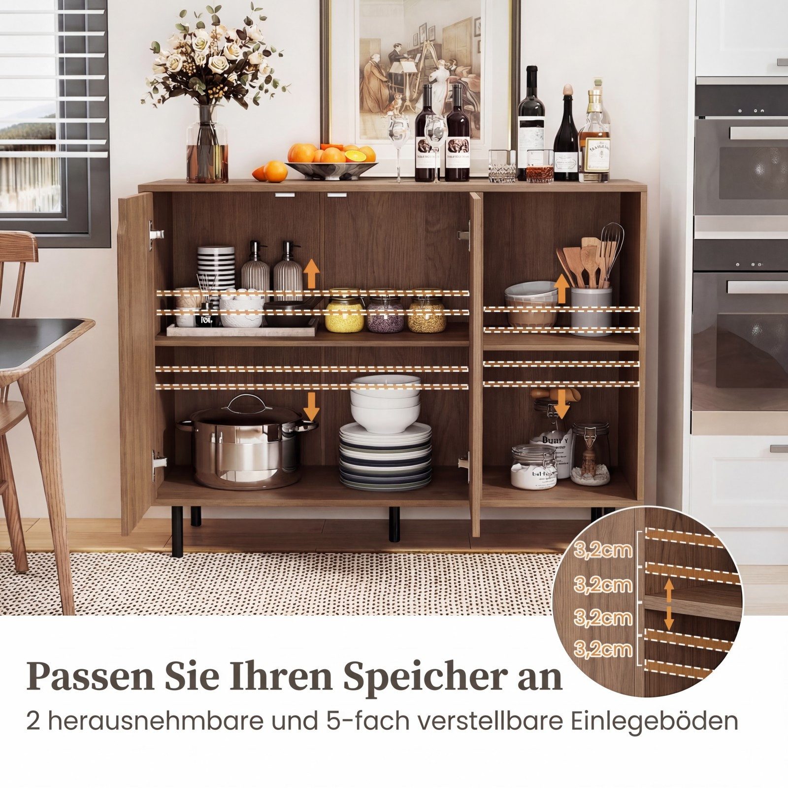 COSTWAY Sideboard Küchenschrank Anrichteschrank, mit verstellbaren Ablagen, 106cm – Bild 4 von 5