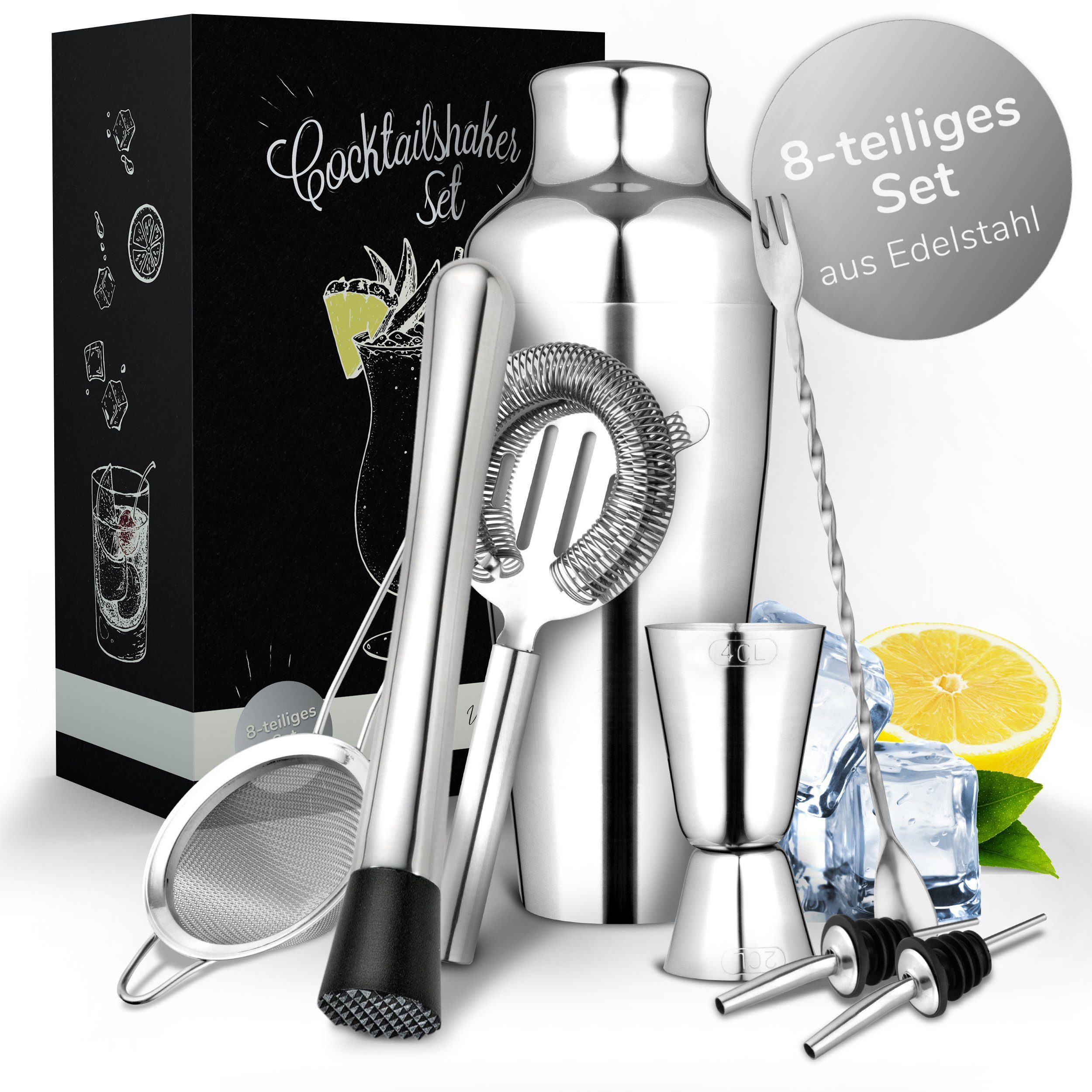 Vezato Cocktail Shaker 8-teiliges Set aus Edelstahl, (Shaker, Messbecher, Stößel, Barsieb, Eissieb, Barlöffel, 2 Ausgießer), spülmaschinenfester und rostfreier Cocktailshaker