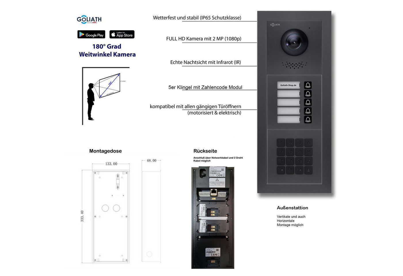 Thumbnail - Goliath Intercom Video-Türsprechanlage Goliath 2-Draht BUS Video Türsprechanlage: 5 Familienhaus, Zahlencode, (Privat od...