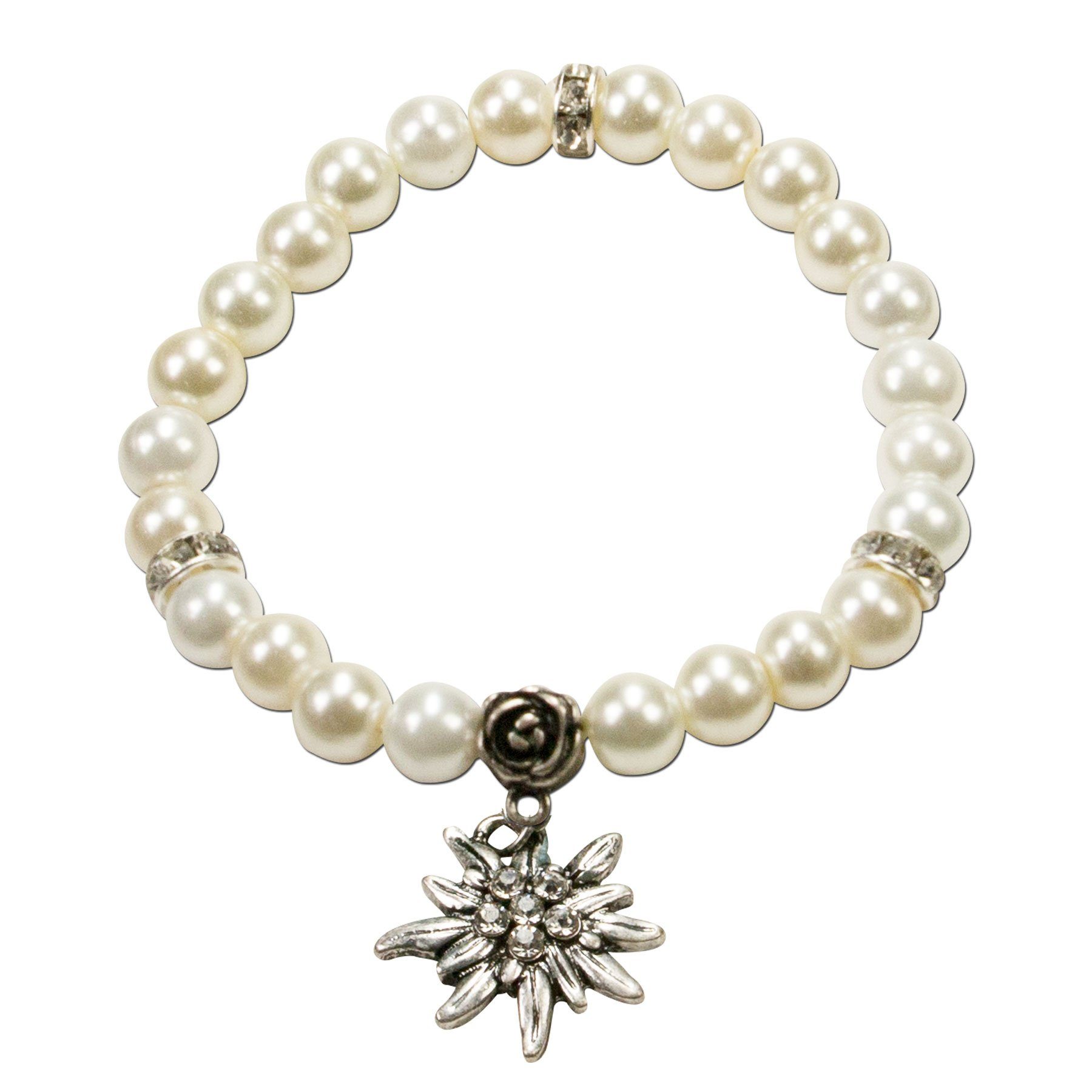 Alpenflüstern Ketten-Set Trachtenschmuck-Set Perlen-Trachtenkette, Armband und Ohrstecker Strass-Edelweiß (creme-weiß), - Damen-Trachten-Schmuck, Trachtenset Di – Bild 4 von 5