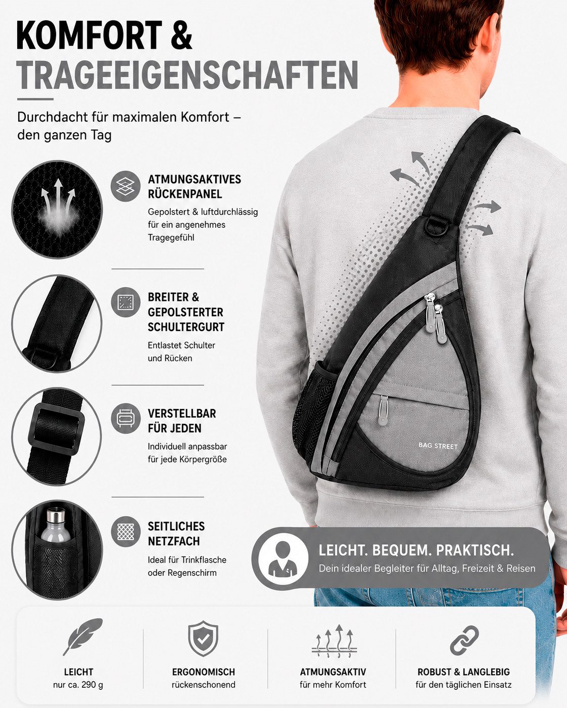 BAG STREET INTERNATIONAL Daypack Sling Bag Crossbody Schulterrucksack mit Sicherheitsfach Leicht Alltag