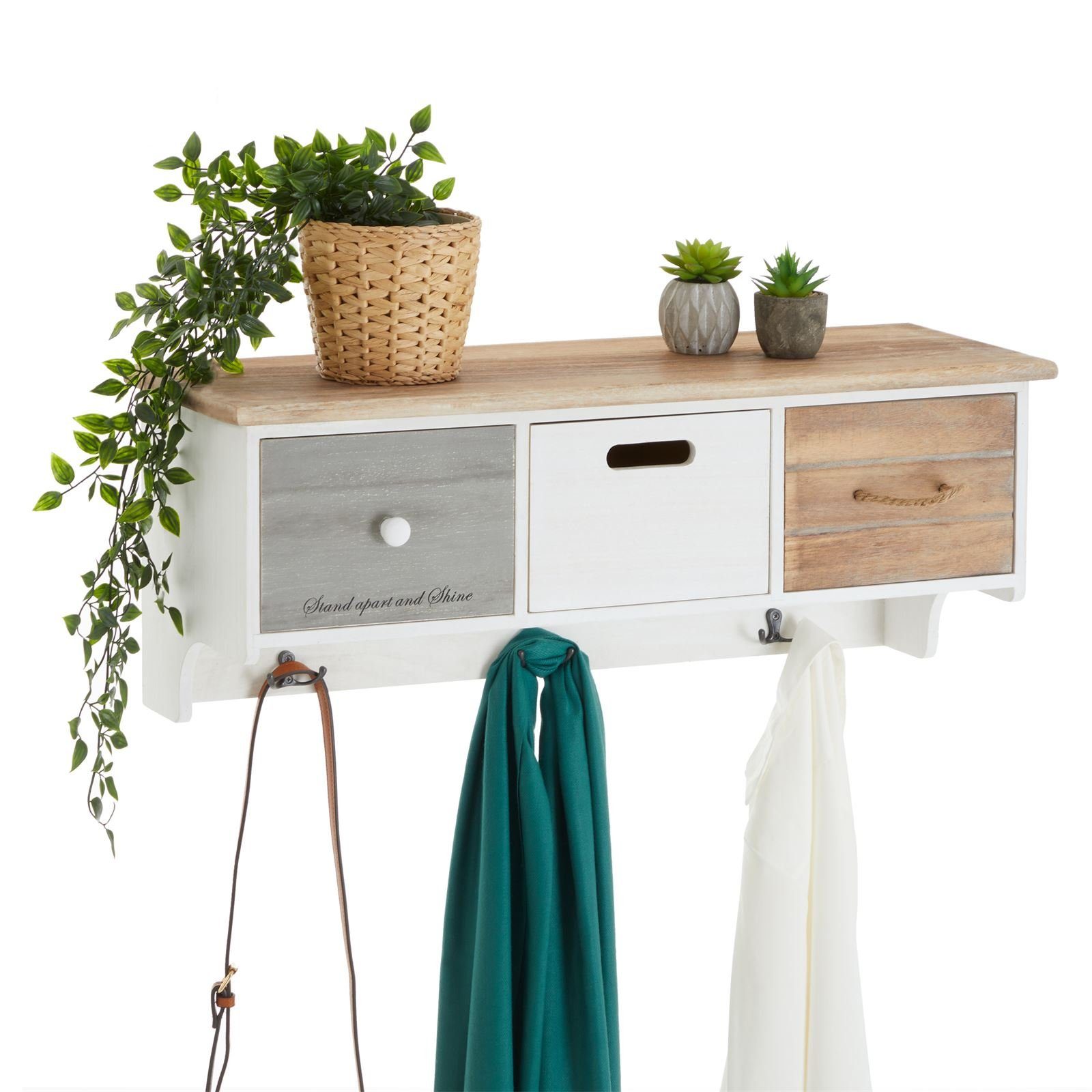 CARO-Möbel Garderobenhalter SALVA, Wandgarderobe mit 3 Kleiderhaken und Schubkästen Vintage Shabby Chic