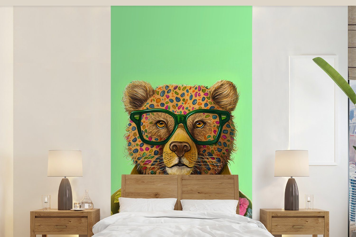 - - bedruckt, Tier Schlafzimmer Farben Brillen MuchoWow Fototapete Bär (2 Fototapete für St), Vliestapete Küche, Wohnzimmer - - Matt, Blumen,