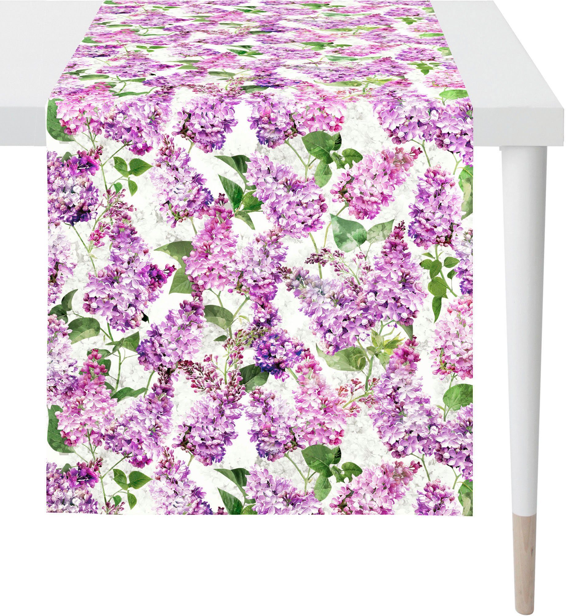 flieder, All-Over mit Flieder Tischläufer Frühling 6820 Frühjahrsdeko, weiß, (1-tlg), SPRINGTIME, APELT Digitaldruck, grün Blütenmotiv,