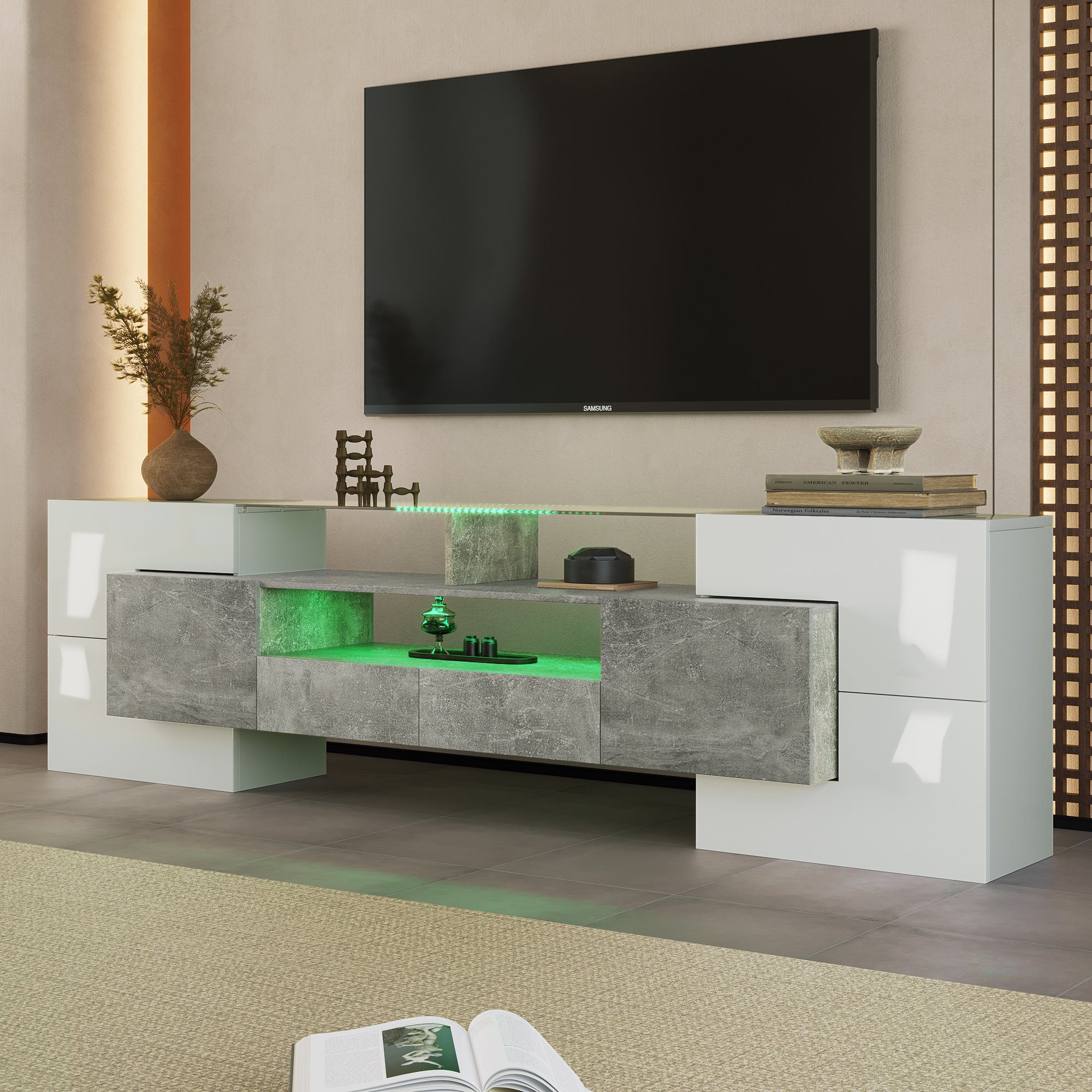 LED-Farbe TV-Schrank, Schublade Lowboard,LED-Beleuchtung, Grau Glasoberfläche,200cm einstellbar, TV-Schrank x4, Fangqi Tür x4