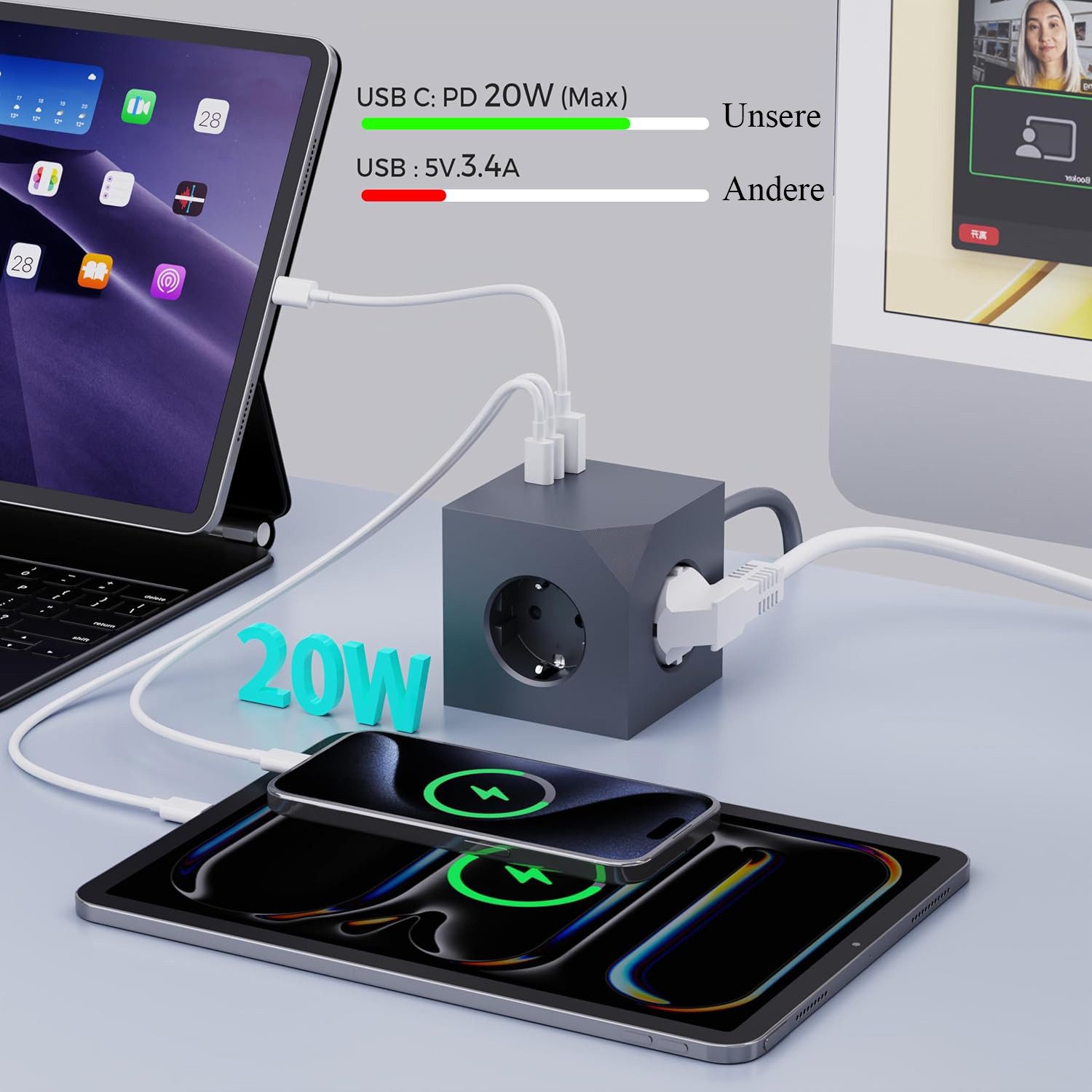 Forrlite Steckdosenleiste PD20W mit Magnetpad 6in1 Wandsteckdose 6 Fach Mehrfachsteckdose 6-fach (Ein- / Ausschalter, USB-Anschlüsse, 3680W/16A, 1,5M Verlängerungskabel, Überlastschutzgerät, Überspannungsschutz, Schutzkontaktkupplung, Kurzschlussschutz, Kinderschutz), Steckdosenleiste mit 3 USB Typ C für Büro, Hause, Grau